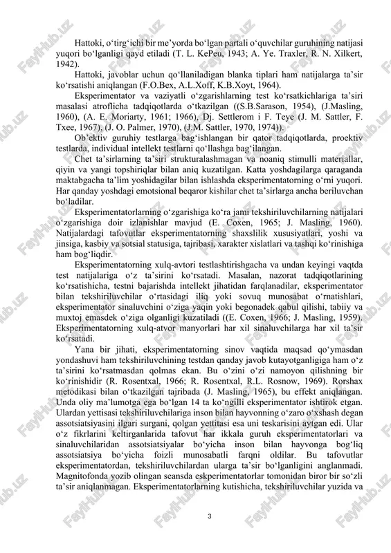 arayoni bir necha bora oldindan ushbu jarayonga tayyorgarlik ko‘rishni talab etadi. guruhiy testlashtirishni amalga oshirish vaqtida bu ishning eksperimentator va ishga mas’ul shaxs dastlabki tayyorgarlikdan o‘tishlari maqsadga muvofiq. odatda eksperimentator yo‘riqnomani hisobga olib, testni o‘tkazish vaqtini va test vaqtidagi guruhga rahbarlik qiladi. mas’ul shaxs (kurator) esa tekshiriluvchilarga test materiallarini tarqatadi va yig‘ib oladi, ularning yo‘riqnomaga taalluqli bo‘lmagan savollariga javob beradi. testning o‘tkazish shart-sharoitlari testlashtirishdagi standartlashtirilgan talablar faqatgina yo‘riqnoma, vaqt, materiallar va testlashtirishning boshqa jabhalarigagina emas, balki shart-sharoitlar uchun ham talab etiladi. testni o‘tkazish joyiga beriladigan e’tibor eng muhim sanaladi. o‘z navbatida u ortiqcha shovqin, diqqat e’tiborni chalg‘itadigan muhitdan yiroq bo‘lishi muhim. tekshiriluvchilar uchun qulay joy va ish o‘rni bo‘lishi kerak. testlashtirishning to‘xtatishga sabab bo‘luvchi holatlar bo‘lishi kerak emas. test o‘tkaziladigan xona eshigida oldindan ogohlantiruvchi yozuv taxtasi bo‘lishi talab etiladi. bu test o‘tkazilayotgan joyda bo‘lar bo‘lmas kishilarning kirib kelmasligini oldini olish uchun amalga oshiriladi. katta guruhdagi testlashtirish vaqtida testni o‘tkazish jarayoniga …