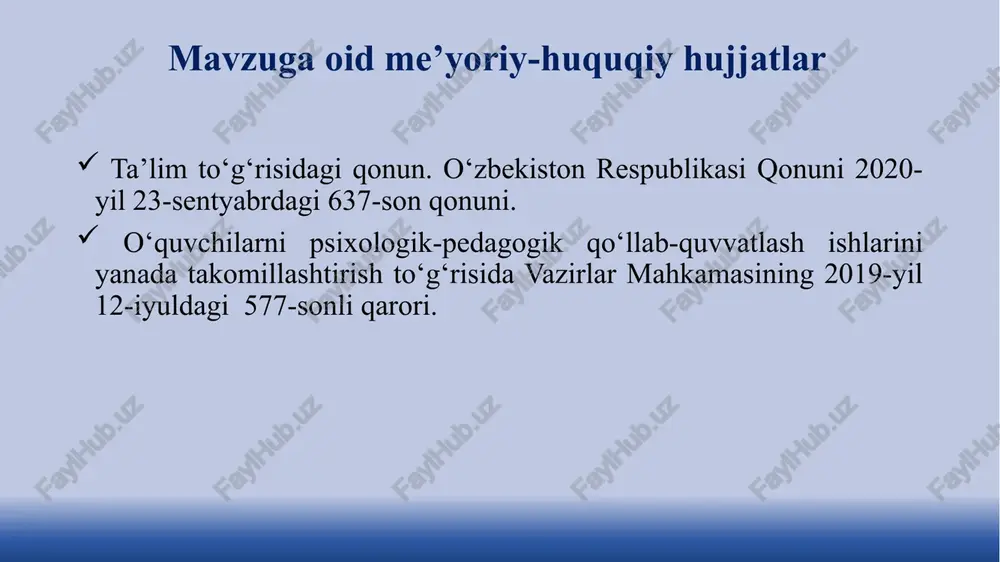 os" hisoblanib, barcha bilan birga o‘qishadi. umuman olganda, jamoada nogironligi bo‘lgan bolalar ham ta'lim oladi. oddiy maktabda ko‘rish va eshitish organlari kasalliklari bo‘lgan o‘quvchilar uchun sinf tashkil qilingan bo‘lishi mumkin. finlar alohida munosabatga talabgor insonlarni jamiyatga maksimal darajada integratsiya qilishga harakat qilishadi. bilimi kuchli va bo‘sh o‘quvchilar orasidagi farq - juda kichik. qiyosiy tahlil amaldagi holat (o‘zbekistonda) amaldagi holat (xorijda) taklif o‘zbekiston maktablarida o‘quvchi sonidan kelib chiqib aksariyat maktablarda bir nafar psixolog faoliyat olib boradi. fransiyada maktab psixologiyasi bo‘yicha bir mutaxassis, ta’lim psixologiyasi bo‘yicha bir mutaxassis, psixomotor rivojlanish bo‘yicha bir mutaxassisni o‘z ichiga oladi. psixolog shtatini qayta ko‘rib chiqish kerak o‘zbekistonda aqliy salohiyati bo‘shroq bolalar uyda yakka tartibda o‘qitiladi. finlandiyada aqliy salohiyati bo‘shroq bolalar ham “o‘ziga xos” hisoblanib, barcha bilan birga o‘qishadi. aqlida nuqsoni bor bolalarni yoshligidan o‘z tengdoshlari bilan birga o‘qitish kerak bitta sinfxonada o‘rtacha 30-35 o‘quvchi o‘tiradi. finlandiyada bitta sinfxonada o‘rtacha 10-12 o‘quvchi o‘tiradi. sinfdagi o‘quvchilar sonini 20 …