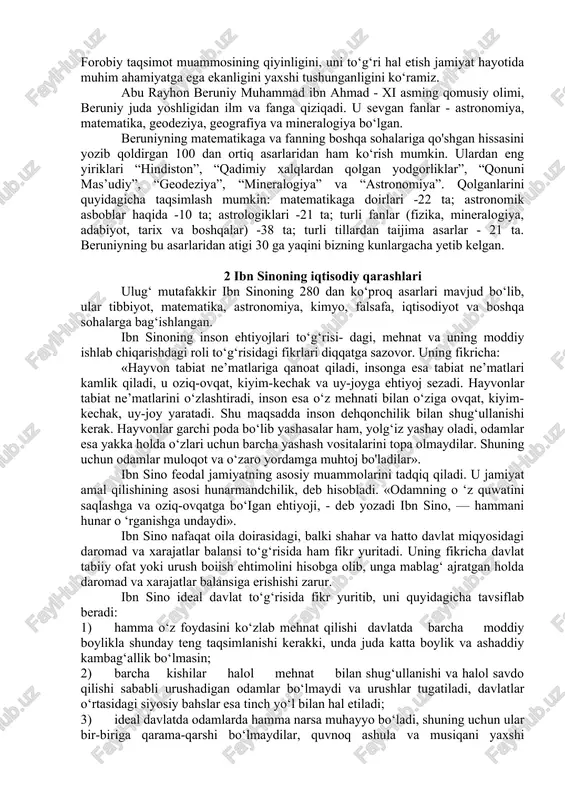 tib, mulkka egalik qilish, undan maqsadga muvofiq foydalanish, o‘ziga to‘q yashash to‘g‘risidagi ilg‘or fikrlarni ilgari suradi. u odamlarga, avlodlarga zarar keltirmaydigan mol-mulk orttirish foydali ish ekanligi, boshqalar uchun zarar keltiradigan boylik to‘plash, mol-mulk orttirish esa yomon odat ekanligini aytib o‘tadi. forobiy kishilarni mulkiy qonunlar asosida tarbiyalash masalasiga alohida e’tibor beradi. uningcha ma’rifatli, qonun asosida ish yuritadigan, huquqiy madaniyatli kishilar jamiyat taraqqiyotida muhim rol o‘ynaydilar va aksincha, “...shahar aholisi ma'rifatsiz, tajribasiz odamlar va bolalardan iborat bo‘lsa, u holda ular qonun o'rnatgan tartib va boshqaruv usulini qabul qilmaydilar”. ko‘rinib turibdiki, qonun-qoidalar asosida ish yuritishga alohida e’tibor qaratilgan. huquqiy tarbiya, madaniyat mulkni to‘g‘ri tasarmf etish, undan unumli foydalanish va mulkni ko‘paytirishga undaydi. forobiyning ta'kidlashicha “mulk orttirishda unchalik xavf yo‘q... mulkni ehtiyot qilib saqlab, o‘z ehtiyoji uchun ishlatsa, buyomon hisoblanmaydi’’. forobiyning mulkchilik to‘g‘risidagi iqtisodiy fikrlarining to‘g‘ri ekanligini hayotning o‘zi ko‘rsatib berdi. mamlakatimizda mulkdorlar sinfining shakllanib, ularning soni ko‘payib, iqtisodiyotni rivojlantirishda roli ortib borayotgan hozirgi …