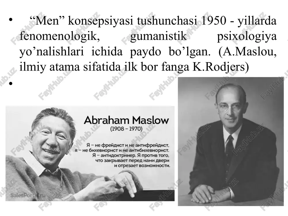 imoiy tarkibdir» r. berns «men» konsepsiyasi “men” kons. tushuntirishda differensiyalashgan tizimini taklif qiladi. u «men» konsepsiyasini insonning o‘ziga nisbatan ustanovkalarining yig'indisi deb tushuntiradi. «men» konsepsiyasi elementlarini quyidagicha tasniflagan: a) «men» - anglovchi; b) «men» - obekt. r.berns o‘ziga yo'nalganlik ustanovkasini 3 ga bo'ladi: — real (haqiqiy) «men» ustanovkasi — bu individning o'z aktual qobiliyatlarining rolini qanday bo'lsa shundayligicha qabul qilishi; — oynadagi «men» ustanovkasi; — kelajakdagi «men» ustanovkasi. 16 “men” shakllanishiga ta’sir etuvchi omillar irsiy omil ta’siri (egizak/ni tadqiq ijt. tajriba (asosiy rolni) shaxs xarakt va “men” konsep. boshqa/ ijtimoiy tajriba omillari: biz bajaradigan rollar; biz shakllantiradigan ijtimoiy identifikatsiyalar; atrofdagilar bilan o'zimizni taqqoslashimiz; yutuqlarimiz va omadsizliklarimiz; atrofdagilarning biz haqimizdagi fikrlari; biz mansub bo'lgan madaniyat ijtimoiy identivlik shaxsdagi «men» konsepsiyasi - bu uning o'zi haqidagi tasavvurlari bo'lib, u o'z ichiga nafaqat personal identivlikni (shaxsiy sifatlari haqidagi tasavvurlari), balki ijtimoiy identivlikni ham oladi. ijtimoiy «men» tushunchasi irqiy, diniy, jinsiy, kasbiy va h.k. …