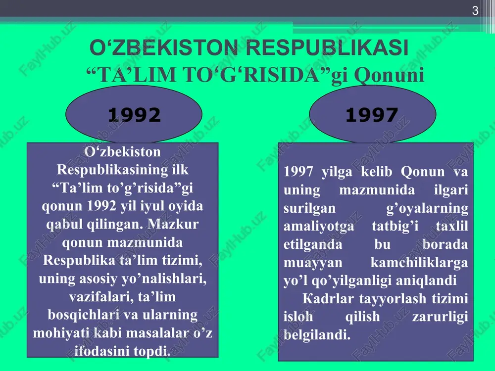 odda. o‘zbekiston respublikasi vazirlar mahkamasi huzuridagi prezident, ijod va ixtisoslashtirilgan maktablarni rivojlantirish agentligining ta’lim sohasidagi vakolatlari 26-modda. ta’lim sohasidagi vakolatli davlat boshqaruviorganlari 27-modda. mahalliy davlat hokimiyati organlarining ta’lim sohasidagi vakolatlari 28-modda. ta’lim tashkilotini boshqarish * 4-bob. ta’lim faoliyatini tashkil etish va uning nazoratini amalga oshirish 29-modda. ta’lim tashkilotlarining huquqiy maqomi 30-modda. ta’lim tashkilotlarini tashkil etish, qayta tashkil etish va tugatish 31-modda. nodavlat ta’lim tashkilotlari 32-modda. ta’lim tashkilotining ustavi 33-modda. ta’lim berish tili 34-modda. davlat ta’lim standartlari va davlat ta’lim talablari 35-modda. ta’lim jarayoniga o‘quv rejalari va o‘quv dasturlarini joriy etish 36-modda. ta’lim sohasidagi eksperimental va innovatsion faoliyat 37-modda. ta’lim tashkilotlari faoliyatining ochiqligi va shaffofligi 38-modda. ta’lim tashkilotlariga o‘qishga qabul qilish 39-modda. davlat ta’lim muassasalariga o‘qishga maqsadli qabul qilish 40-modda. ta’lim to‘g‘risidagi hujjat 41-modda. ta’lim tashkilotlarining reytingi 42-modda. ta’lim tizimidagi monitoring 43-modda. ta’lim sohasidagi davlat nazorati * 5-bob. ta’lim tashkilotlari pedagog xodimlarining huquqiy maqomi 44-modda. pedagogik faoliyat bilan shug‘ullanish huquqi 45-modda. …