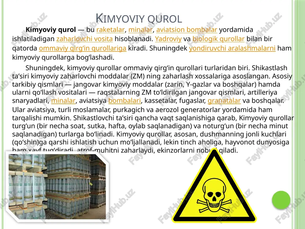 oʻlgan zarb toʻlqinidan iborat. bu zarb toʻlqinlari kemalarning suv osti qismlarini va turli gidrotexnika inshootlarini shikastlantiradi. kimyoviy qurol kimyoviy qurol — bu raketalar, minalar, aviatsion bombalar yordamida ishlatiladigan zaharlovchi vosita hisoblanadi. yadroviy va biologik qurollar bilan bir qatorda ommaviy qirgʻin qurollariga kiradi. shuningdek yondiruvchi aralashmalarni ham kimyoviy qurollarga bogʻlashadi. shuningdek, kimyoviy qurollar ommaviy qirgʻin qurollari turlaridan biri. shikastlash taʼsiri kimyoviy zaharlovchi moddalar (zm) ning zaharlash xossalariga asoslangan. asosiy tarkibiy qismlari — jangovar kimyoviy moddalar (zarin, y-gazlar va boshqalar) hamda ularni qoʻllash vositalari — raqstalarning zm toʻldirilgan jangovar qismlari, artilleriya snaryadlari, minalar, aviatsiya bombalari, kassetalar, fugaslar, granatalar va boshqalar. ular aviatsiya, turli moslamalar, purkagich va aerozol generatorlar yordamida ham tarqalishi mumkin. shikastlovchi taʼsiri qancha vaqt saqlanishiga qarab, kimyoviy qurollar turgʻun (bir necha soat, sutka, hafta, oylab saqlanadigan) va noturgʻun (bir necha minut saqlanadigan) turlarga boʻlinadi. kimyoviy qurollar, asosan, dushmanning jonli kuchlari (qoʻshin)ga qarshi ishlatish uchun moʻljallanadi, lekin tinch aholiga, hayvonot dunyosiga …