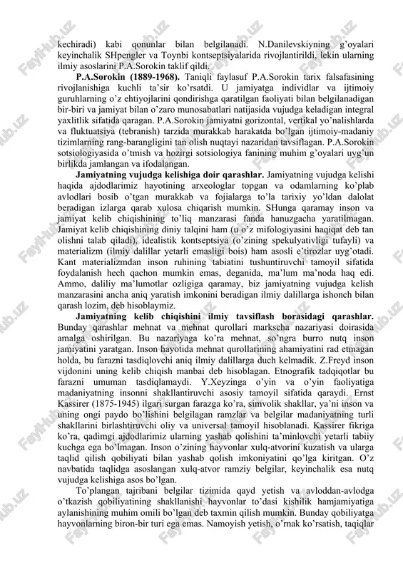ar jamiyatini ikki madaniy- tarixiy tiplarga ajratadi: birinchisi to’liq jamiyat bo’lib, u o’zida a) er yuzidagi jami insonlarni qamrab oluvchi yirik jamiyat, b) yerning muayyan qismida yashovchi bir millat yoki bir dinga mansub kishilarning o’rta jamiyati v) muayyan qavm yoki dinga mansub bir shahar jamiyatini qamrab oladi. ikkinchisi bir qishloq, ovul, yoki bir oiladan iborat bo’lgan to’liqsiz jamiyat.[footnoteref:1]1 forobiy fikricha “eng yaxshi fazilat va oliy darajadagi komillikni kichik birligi shahar hisoblanadigan madaniy jamiyat ichidagina qo’lga kiritish mumkin. to’liqsiz jamiyatlar insonni takomillashtirishga qobil emaslar”.[footnoteref:2]2 forobiyning bu fikrlari platon va aristotelning jamiyatga oid qarashlaridan farq qiladi, chunki u jamiyatdagi o’zgarishlarni inobatga olgan. jamiyatni to’liq va to’liqsizga ajratar ekan, forobiy shahar to’liq jamiyatning birinchi bosqichidir deb e’tirof etadi. platon va aristotel esa to’liq jamiyatni shahar bilan chegaralaganlar va shahar insoniyat jamiyati takomilining oxirgi darajasi, jamoaviy baxt saodatning bosh markazi deb ta’kidlaganlar. forobiy esa, butun dunyodagi jamiyat haqida fikr yuritib, uning xukmdori qandaydir alohida …