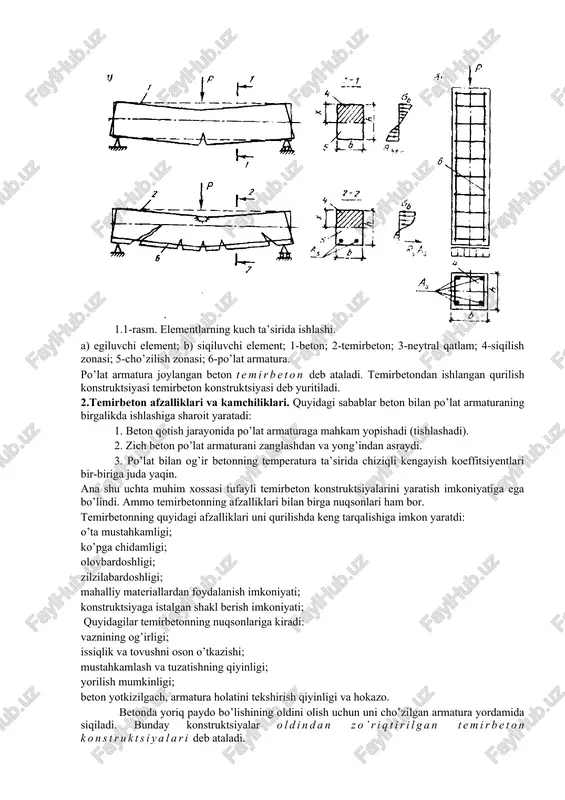 lda nyu-york yaqinida uillam i. uord o’zi uchun qurgan uyni misol qilib ko’rsatish mumkin. temirbeton konstruktsiyalarning rossiyada ishlatilishi va rivojlanishi bevosita n. a. belolyubskiy nomi bilan bog’liq. betonni qurilishda qo’llash bo’yicha birinchi amaliy qo’llanma «kuane betoni va boshqa sun’iy tosh turi bo’yicha amaliy qo’llanma» 1871 yilda nyu–yorkda chop etilgan. bu qo’llanma bilan tanishgan uord cho’yan sterjenlar bilan armaturalangan beton to’sinlar ustida bir nechta tajribalar o’tkazgan. “armatura to’sin kesimining ostki qismida joylashtirilishi kerak” degan to’g’ri xulosaga kelib, temirbetonning kesilishga ishlashi, salqiligi va olovbardoshligini tekshirgan.uordning o’zi ham «beton metall bilan birga qurilish materiali sifatida» asarini yozib, «amerika injenerlari-mexaniklari jamiyati asarlari» ning 4-jildida e’lon qilgan. ernest lesli reks tomonidan 1884 yili ko’ndalang kesimi kvadrat shaklidagi sim armatura spiral shaklida eshilsa beton bilan bog’lanishi yaxshilanishi aniqlandi. temirbeton konstruktsiyalardan tashkil topuvchi sinchlar rens tomonidan bir nechta ko’p qavatli binolar qurilishida qo’llandi. u 1902 yili tsintsinnatida temirbetondan balandligi 54 m bo’lgan 16 qavatli birinchi osmono’par ingells …