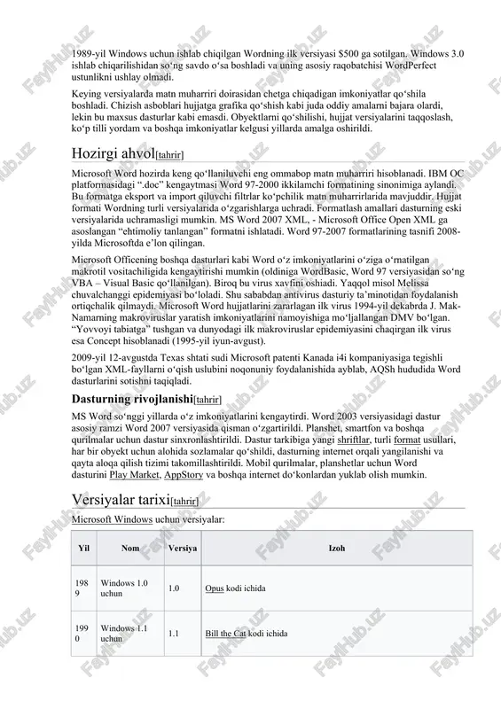qoʻshilishi, hujjat versiyalarini taqqoslash, koʻp tilli yordam va boshqa imkoniyatlar kelgusi yillarda amalga oshirildi. hozirgi ahvol[tahrir] microsoft word hozirda keng qoʻllaniluvchi eng ommabop matn muharriri hisoblanadi. ibm oc platformasidagi “.doc” kengaytmasi word 97-2000 ikkilamchi formatining sinonimiga aylandi. bu formatga eksport va import qiluvchi filtrlar koʻpchilik matn muharrirlarida mavjuddir. hujjat formati wordning turli versiyalarida oʻzgarishlarga uchradi. formatlash amallari dasturning eski versiyalarida uchramasligi mumkin. ms word 2007 xml, - microsoft office open xml ga asoslangan “ehtimoliy tanlangan” formatni ishlatadi. word 97-2007 formatlarining tasnifi 2008-yilda microsoftda e’lon qilingan. microsoft officening boshqa dasturlari kabi word oʻz imkoniyatlarini oʻziga oʻrnatilgan makrotil vositachiligida kengaytirishi mumkin (oldiniga wordbasic, word 97 versiyasidan soʻng vba – visual basic qoʻllanilgan). biroq bu virus xavfini oshiadi. yaqqol misol melissa chuvalchanggi epidemiyasi boʻloladi. shu sababdan antivirus dasturiy ta’minotidan foydalanish ortiqchalik qilmaydi. microsoft word hujjatlarini zararlagan ilk virus 1994-yil dekabrda j. mak-namarning makroviruslar yaratish imkoniyatlarini namoyishiga moʻljallangan dmv boʻlgan. “yovvoyi tabiatga” tushgan va …