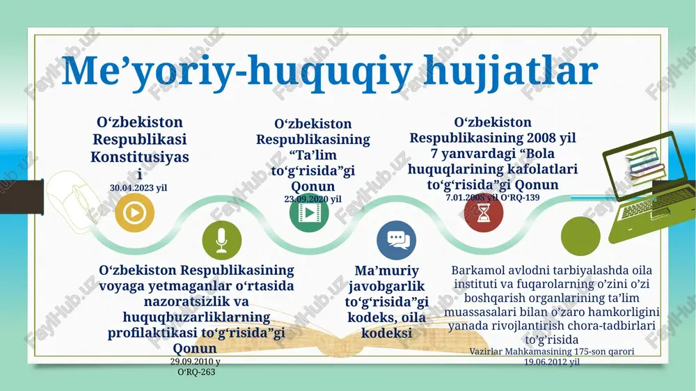 asiga e’tiborsiz ota-onalarga ta’sirchan usullardan foydalangan holda doimiy qayta aloqani, kommunikativlikni, kreativ yondashishni taqozo etadi. (ta’sir etish: 1. ota-ona ruhiyatiga ta’sir etish orqali. 2. qonun va qonun osti hujjatlardan samarali foydalanish.) - natijada ish jarayonida e’tiborsiz ota-onalar bilan ishlash samaradorligini oshirish bo‘yicha usullar, metodlar shakllanib boradi. - tuman miqyosida to‘plangan tajribani hamkasblar bilan o‘zaro fikr almashish, kollaboratsiya tamoyili asosida boyitib borish vazifa muhokama va munozara belgilangan mas’ul tomonidan o‘zining tajribasi va ilmiy yondashgan holda 20 minutlik ma’ruzasi tinglanadi. kun tartibidagi masala yuzasidan fikr almashiladi, yangi metodlar, usullar shakllanadi, yangi sinf rahbarlari va o‘qituvchilarda ko‘nikmalar paydo bo‘ladi o‘tkaziladigan vaqtlarni va joyni o‘zida aks ettirgan jadval ishlab chiqiladi, o‘tkazadigan mas’ullar belgilanadi, mavzular tanlanadi, tasdiqlanadi, e’lon qilinadi. tashkillashtirish rejalashtirish 2 1 3 maktabda sinf rahbarlari, o‘qituvchilar bilan birgalikda kasbiy kompetensiyani oshirish, kommunikativlik, kreativlik tamoyillarini rivojlantirish borasida o‘zaro kollaboratsiya tizimini yo‘lga qo‘yish. 2008 ~ 2011 text here example text : get a modern powerpoint …