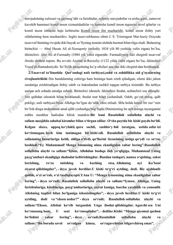 an bosh maqsadi ham, aslida, inson ekanmi, demak inson allohning bu muruvvatiga shukronalar aytib, o’zini batamom allohga bag’ishlashi, buning uchun esa o’ziliga loyiq darajada poklashi- kamolga yetkazishi kerak. ana shunday o’zini oliy maqsadga chog’lagan, jismini unutib, ruhini allohga qay darajada o’stirgan, yetar darajada poklagan, ham extiyojlari tufayli paydo bo’ladigan jamiki insoniy illatlardan forig’ qilgan kishilar insoni komil bo’lganlar. tasavvufiy aqidaga ko’ra, komil insonlar pirovardida, shubhasiz, alloh vasliga musharraf bo’ladilar, ruhan tangri bilan birlashib ketadilar»3. komil insonlar barcha xalqni sevishi, insonlar, ayniqsa, g’ariblar, bechoralar, muhtojlar xizmatida bo’lishi, doimo xudoning borligi va birligini unutmasligi kabi so’fiylik aqidalariga ega bo’lishlari lozim. shayx fariduddin attor rivoyatlariga ko’ra shayh abul xasan xoragoniy bunday degan ekanlar: «koshki barcha xalqning o’rnida men o’lsaydim, o’shanda xalq uchun o’lim bo’lmasdi. koshki, barcha xalqning hisob-kitobi mendan so’ralsaydi, o’shanda qiyomat kuni ular uchun so’roq bo’lmasdi. koshki, barcha xalq o’rnida meni jazolashsaydi. o’shanda ularni do’zahga olib borishmagan bo’lardi». sa'diy sheroziy aytadiki: «toat-ibodat …