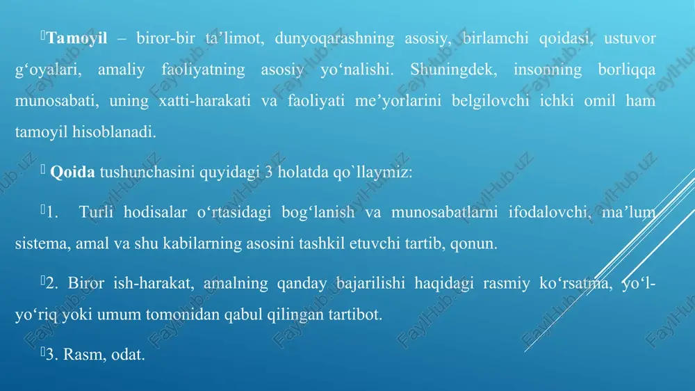 qoyadi. bunda madaniyatning maishiy, jismoniy, ma’naviy, aqliy, moddiy, iqtisodiy, siyosiy, axloqiy yo’nalishlari nazarda tutilmoqda. tarbiyaning madaniylashuvi tamoyilining amalga oshirilishi umuminsoniy xarakterdagi madaniy qadriyatlarning turli jamiyatlarda farqlanishi sababli qiyinchiliklarga duchor bo’lmoqda. bizning davlatda shahar va qishloq aholisi o’rtasida, shaharda esa turli ijtimoiykasbiy guruhlar orasida farqlar mavjud. shu bilan bir vaqtda turli madaniyat va submadaniyatlardagi qadriyatlar o’rtasidagi muvozanatni saqlash tarbiya samaradorligining shartlaridan biridir. tarbiyaning madaniyatga muvofiqlik tamoyili gumanizm prinsipi gumanizm insonning tashqi olam bilan munosabatlarini shakllanishiga, g’urur hissining oshishiga, jamiyatda demokratik va gumanistik munosabatlarni tashuvchisi bo’lgan insonning shakllanishiga ijobiy ta’sir ko’rsatadi. yanada kengroq ma’noda insonparvarlashuv tamoyilining amalga oshishi insonlar orasidagi aloqalarning yaxshilanishi, ijtimoiy taraqqiyot uchun kurashda insonlarning birlashishiga ko’maklashadi. insonparvarlik — insonning qadri, erkinligi, baxt-saodati, teng huqukliligi toʻgʻrisida, insoniylikning barcha tamoyillarini yuzaga chiqarish uchun shartsharoitlar yaratib berish haqida gʻamxoʻrlik qilishni ifodalovchi tushuncha. gumanizm prinsipi gumanizmga koʻra, dunyoda eng qimmatli narsa insondir, butun mavjudot, borliq insonga, uning baxt-saodatiga xizmat qilishi lozim. inson taqdiri, …