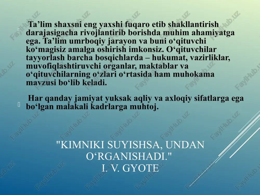 o’qituvchilar 30% eng yaxshi maktab bitiruvhcilarining orasidan tanlab olinadi. bundan tashqari singapurda o’qituvchilik kasbini egallashga talabgorlarni saralashning o’ta jiddiy – to’rt bosqichdan iborat tartibi mavjud. • dastlabki saralash bosqichi (nomzod rezyumesini baholash) • mutaxassislik testlari va savodxonlikni baholash • intervyu • milliy ta’lim institutidagi dastlabki tayyorgarlik jarayonlarida bo’lajak o’qituvchilar yutuqlari nazorati bba ning “ta’lim bo‘yicha professional litsenziyasi”o‘qituvchilikka nomzodlar uchun majburiy talabdir .nomzodlarga litsenziya olish uchun 3 marta imkoniyat beriladi.agar 3 marta muvaffaqiyatsizlikka uchrasa,taklif etilgan o‘quv kurslarida o‘qib,6 oydan so‘ng qayta imtihon topshirishi mumkin finlandiyada o‘qituvchilik kasbi eng hurmatga sazovor va talabgirlardan biri hisoblanadi. shu bilan birga juda qat’iy saralashdan o‘ta olgan 30 % pedagogik fakultetlar bitiruvchilarining orasidan “eng-eng”larigina maktab pedagogi bo’la oladilar.(statistikaga ko‘ra bu 12 %) singapur baa finlandiya qiyosiy tahlil etilganligi t\r amaldagi holat (o‘zbekistonda) amaldagi holat (xorijda) taklif 1 o‘qituvchilik lavozimlari uchun bo‘sh ish o‘rinlari va malaka talablari www.mehnat.uz, www.ish.uzedu.uz wwwvacancy.argos.uz saytlari orqali e’lon qilinadi o‘qituvchilik lavozimlari uchun …