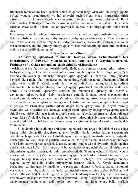 yillardan buyon pul emissiyasi sohasidagi kuzatishlar tasdiqlashini uqtirishadi. bu masaladagi me’yor shuki, pul massasining ko'payishi iqtisodiyotda mehnat unumdorligining o'sishidan 1 -2 foiz yuqoriroq bo'lishi kerak degan fikrni bildirishadi. monetarizm ta’limotchilari fikricha, iqtisodiy rivojlangan mamlakatlarda odamlarning iste’mol qilish darajasi ancha yuqorilashib ketgan, shuning uchun ularning iste’mol uchun sarf-harajatlarida ham unchalik tez o'zgarish kuzatilmaydi, ular pul sarflarini o'zgarishini rejalashtirishadi. oqibatda pul harakatidagi tezlik ham ishlab chiqarishning hajmi hamsekin o'zgaradi. ular ijtimoiy-iqtisodiy sohada pul miqdoridagi o'zgarish bilan narx darajasidagi o'zgarish o'rtasida bog'liqlik mavjudligini nazarda tutib, quyidagi xulosani chiqarishgan: bozordagi narx-navo muomaladagi pul massasiga bevosita bog'liqdir, narx shunday vositaki, u talab va taklifga bevosita ta’sir etish orqali iqtisodiy o'sishni rag'batlantiradi, talab va taklif muvozanatini ta’minlaydi, bu o'z navbatida, iqtisodiyotdagi mutanosib taraqqiyotni belgilaydi.ushbu nazariyaning kamchiligi shunda ediki, u iqtisodiy o'sish bilan bog'liq qarashlarni inkor etadi. masalan, davlatning iqtisodiyotga aralashuvini tanqid qilish orqali obyektiv ravishda ishsizlikni ko'paytirishga turtki beradi, ish kuchi potensialidan foydalanish darajasini pasaytirib yuboradi, …