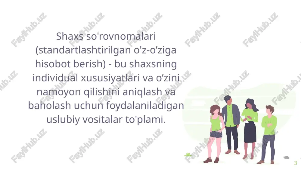 i uning jiddiyligining eng past qiymatidan eng yuqori qiymatigacha bo'lgan kontinuumdagi nuqta sifatida ifodalanishi mumkinligiga ishonishadi. bunday holda, ushbu kontinuum bo'yicha hisob-kitoblar normal taqsimotga bo'ysunadi, ya'ni oz sonli shaxslarda bu xususiyatning haddan tashqari namoyon bo'lishi bor va ko'pchilik shaxslar ifodaning o'rta oralig'ida. ushbu yondashuvning asoschisi amerikalik psixolog gordon ollport. u shaxs psixologiyasida qabul qilingan boshqa tahlil birliklari bilan solishtirganda o'ziga xosligini ko'rsatib, belgi tushunchasini kiritdi va xususiyatlar tasnifini taklif qildi. 15 16 g. ollport/ xususiyat - bu neyropsixik pastki tuzilma bo'lib, u shaxsni turli vaziyatlarda o’zini ma'lum bir tarzda tutishga moyil qiladi.inson xulq-atvori vaqt va makonda "yuqori vaziyat"dir. vaqt o'tishi bilan haddan tashqari vaziyat har bir shaxsga xos bo'lgan ko'tarilish va pasayishlarga qaramay, uzoq vaqt davomida biron bir xususiyatni ifodalashning barqaror darajasi (masalan, tashvish) mavjudligini anglatadi. kosmosdagi belgining haddan tashqari ko'tarilishi turli xil vaziyatlarda xatti-harakatlarning doimiyligini anglatadi. xususiyatlarning tasnifi. asosiy xususiyat shaxsning barcha xulq-atvorini shunday qamrab oladiki, uning ta'siri uning …