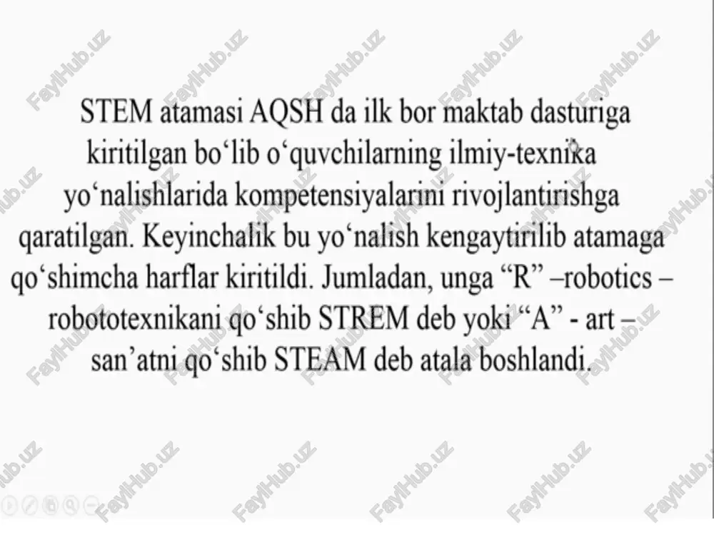 aga intilishini belgilaydi. ta’limga ushbu yangi yondashuv qanday paydo bo’ldi? bu nazariya va amaliyotni birlashtirishning mantiqiy natijasidir. steam amerikada ishlab chiqilgan. ba’zi maktablar bitiruvchilarning martabalarini e’tiborga olishdi va fan, texnologiya, muhandislik va matematika kabi fanlarni birlashtirishga qaror qilishdi va stem tizimi shu tarzda shakllandi. (fan, texnika, muhandislik va matematika). keyinchalik bu erda art qo’shildi va endi steam oxirigacha shakllandi. o’qituvchilar ushbu mavzular, aniqrog’i ushbu fanlardan bilimlar kelajakda talabalarning yuqori malakali mutaxassis bo’lib etishishiga yordam beradi, deb hisoblashadi. oxir oqibat, bolalar yaxshi bilim olishga intilishadi va uni darhol amalda qo’llashadi. nazoratning asosiy besh shakli nazoratning ommaviy shakli nazoratning individual shakli nazoratning kombinatsiyalash gan shakli nazoratning guruhli shakli o’z-o’zini nazorat qilish shakli steam yondashuvi bizni olgan bilimlarni haqiqiy ko’nikmalar bilan birlashtirishga o’rgatadi. bu maktab o’quvchilariga nafaqat ba’zi bir g’oyalarga ega bo’lish, balki ularni amalda qo’llash va amalga oshirish imkoniyatini beradi. o’sha. haqiqatda ishlatilishi mumkin bo’lgan bilimgina haqiqatan ham qadrlidir. gar inson ekansan, …