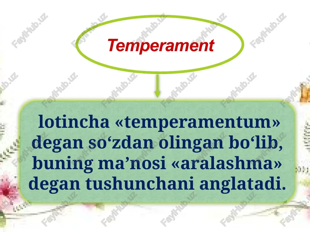 qlik bilan moslashishga), shuningdek, uning xatti-harakatlari qanchalik sust va zaifligiga (rigidligi qotib qolganligicha) nisbatan baho berishdan iboratdir. 7.ekstravertlik va introvertlik. shaxsning faoliyati va reaksiyasi ko’p jihatdan kechinmalarga bog’liq, chunonchi favqulotdagi tashqi taassurotlarga (ekstravertlik) yoki aksincha, timsollarga, tasavvurlarga (introvertlik) taalluqligiga asoslangan holda munosabat ifodasidir. sangvinik xolerik melonxolik flegmatik xushchaqchaq do’stona yorqin sergap nomustaqil xavotirli egosentrik optimestfaol tez jaxli chiqadigan agressiv konferinsial o’z o’zini boshqara olmaydi sezgir analitik idealist kamgap tortinchoq kayfiyati tez o’zgaradigan regid xotirjam,tobe ta’sirli muloqotchan, passiv, qaysar, ishyoqmas temperament turlari i.p. pavlov ta’limoti bo‘yicha nerv sistemasi tiplarining va gippokrat ta’limoti bo‘yicha temperamentning o‘zaro munosabatlari temperament tiplari nerv sistemasining kuchi nerv tizimining muvozanati nerv tizimining ildamligi xolerik kuchli jo‘shqin muvozanatsiz qizg‘in serharakat sangvinik kuchli serharakat muvozanatli serharakat flegmatik kuchli vazmin muvozanatli inert (sust) melanxolik kuchsiz muvozanatsiz tormozli serharakat yoki inert 16 temperamentni aniqlaydigan asab tizimi xususiyatlarining bunday uyg‘unlashganligi asab tizimining turi deb ataladi. p. pavlov shu narsani aniqlaydiki, temperament yuqorida …