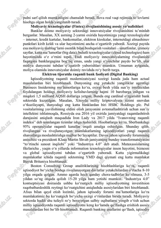 ffaqiyatli hal qilishlariga va tez sur’atlar bilan rivojlanishlariga imkon yaratadi. mamlakatimiz bunday imkoniyatdan foydalana oladimi yoki yo‘qmi – bu oliy boshqaruv organlarining irodasida bog‘liqdir. rivojlangan mamlakatlarda fintex ishlanmalar eng avvalo onlayn servislarni rivojlantirishga qaratilgan, rivojlanayotgan davlarlarda esa bunday startaplar mobil telefonlarning keng bozoriga yo‘naltirilgan. telekommunikatsiyalar xalqaro ittifoqi ma’lumotiga ko‘ra, dunyo aholisining 95,5% qismi mobil telefonlardan foydalanadilar – bu ma’noda mobil servislarning internetdan ko‘ra samaradorroqligi ma’lum bo‘ladi. m-pesa deb nomlangan mobil pul o‘tkazmalari servisi bank tashkilotlari yetishmasligi sharoitida keniya va bangladeshdagi iqtisodiy holatni o‘zgartirishga ta’sir qildi. bangladeshda mikromoliyalashtirish (garovsiz kam miqdordagi kredit berish) tarmog‘i yaxshi rivojlangani tufayli bkash servisi pullarni oluvchilarga tez va osongina o‘tkazishga imkon beradi. fintexning afrika qit’asidagi holati tahlil qilinganuda undagi 16 davlatda mobil pul hisob raqamlarining bank xisob raqamlaridan ko‘ra ancha ko‘pligi ma’lum bo‘ldi. demak, rivojlangan mamlakatlardagi fintex-kompaniyalar nafaqat moliyaviy hizmatlar qulay bo‘lishiga intiladilar, balki ular millionlab insonlar real iqtisodiyotning afzalliklaridan foydalanishlariga imkon beradigan yangi raqamli infratuzilmalar …