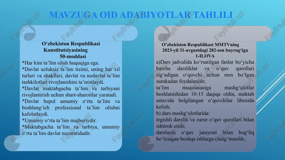 im, iqtisodiy va ijtimoiy natijalarini qo‘llab-quvvatlashning asosiy mexanizmi hisoblanadi. maktab tengdoshlar bilan ijobiy munosabatlarni o‘rnatishi, bu esa ruhiy salomatlik va farovonlikni yaxshilashga hissa qo‘shadi deb hisoblashadi xulosa xulosa o’rnida shuni aytish kerakki, maktabga bormagan ko’p dars qoldirgan o’quvchilar , maktab va ota-onalar o’rtasida bog’liqlik bo’lmaslik oqibatida vujudga keladi. maktabga bormagan ko’p dars qoldirgan o’quvchilarning ko’payishiga ota-onalarning bilim olish o’rniga oila iqtisodi uchun pul topishni farzandlariga singdirmoqdalar. ota-onalarning farzandlarini kunlik nazoratini qilmasligi oqibatida farzandlari maktabga bormay kompyuter klublarida vaqtlarini o’tkazishib,ma’naviy savodsizlikka olib kelmoqda. ota-ona farzandlarini kompyuter klublarida vaqtlarini o’tkazayotganligidan habarsiz ota-onalar farzandlarini virtual o’rgamchak to’riga o’z qo’llari bilan topshirib qo’yishmoqda. maktab rahbariyatining farzandlarini ko’p dars qoldirganligi to’g’risida ogohlantirishlariga qaramay beparvolarcha e’tiborsiz qoldirishmoqda. maktablar biriktirilgan milliy gvardiya xodimlari borishganida va jarimaga tortishganida go’yoki bundan habarsizdek tutadilar. bugungi kunda ota-onalarga tushuncha berilsagina, farzandlarning dars qoldirmaslikka , farzandlarini kelajagi uchun hushyorlikni oshirish orqali davlatga to’lanadigan jarimalar oila bujetiga zarar keltirishi, bu mablag’larni farzandlari ta’lim …