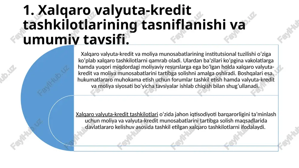 t tashkilotlari mamlakatlarning xukumatlariga valyuta-kredit va moliya siyosatini o‘tkazish bo‘yicha maslahatlar beradi. 3. tartibga solish funktsiyasi. xalqaro valyuta-kredit tashkilotlari xalqaro moliya munosabatlarini tartibga solish funktsiyasini ham bajaradi. jumladan, xvf to‘lov balansida muammolarga ega bo‘lgan mamlakatlarga vaqtinchalik moliyaviy yordam ko‘rsatadi. xvf mamlakatlarga milliy valyuta kursini bir maromda saqlash uchun ham bir necha bor vaqtinchalik yordam ko‘rsatgan. 4. bashorat qilish funktsiyasi. xalqaro valyuta-kredit tashkilotlari milliy va jahon iqtisodiyoti rivojlanishining bashoratini amalga oshiradi. xalqaro valyuta-kredit tashkilotlari quyidagi maqsadlarni ko‘zlagan holda faoliyat yuritadi: jahon iqtisodiyoti va xalqaro moliyani barqarorlashtirish maqsadida jahon hamjamiyatida harakatlarni birlashtirish; valyuta va moliya-kredit munosabatlarini xalqaro tartibga solishni amalga oshirish; jahon valyuta va moliya-kredit siyosatining strategiya va taktikasini hamkorlikda ishlab chiqish va muvofiqlashtirish. ifi 10 2. xalqaro valyuta fondining maqsadi va faoliyatining mohiyati. xalqaro valyuta fondi, xvf (ing. international monetary fund, imf) –bmtning ixtisoslashgan tashkilotlaridan bo‘lib, shtab – kvartirasi aqshning vashington shahrida joylashgan. 1944 yil 22 iyulda xalqaro valyuta – moliya …
