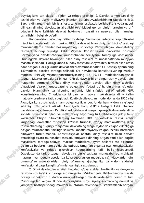1979 yili 23 dekabrda tasdiqlangan eron islom respublikasining konstitutsiyasida aytilishicha, «eronda 12 ta imomlarning mavvjudligini nazarda tutuvchi ja’fariya mazhabi rasmiy din sifatida e’tirof etiladi hamda bu qoida abadiy o‘zgarmas bo‘lib qoladi» (12-modda). «barcha fuqarolik, moliyavviy, iqtisodiy, ma’muriy, madaniy, harbiy, siyosiy va boshqa qonun-qoidalar islom normalari asosida belgilanishi lozim» (4-modda). qirol bir vaqtning o‘zida hukumat rahbari, oliy bosh qo‘mondon va diniy rahbar sifatida namoyon bo‘ladigan, mutlaq teokratik monarxiyaga saudiya arbistonini misol qilib keltirsa bo‘ladi. bu mamlakat konstitutsiyada qur’oni karim va payg‘ambar alayhis-salom sunnatlari har qanday normadan ustun ekani e’tirof etilgan. saudiya arabistonida mahalliy aholi to‘liq islom diniga e’tiqod qiladi. shuningdek, makka va madina shaharlariga islomdan boshqa dinga e’tiqod qiluvchi shaxsning kirishi taqiqlanadi. qirollikda sud hokimiyati asosan shariat sudlari tomonidan qur’on ko‘rsatmalariga amal qilgan holda amalga oshiriladi. isroilda esa yahudiylik davvlat dini bo‘lib, bu mamlakatda din davvlat mexanizmining bir qismi sifatida o‘z aksini topgan. mamlakatda yagona konstitutsiya mavvjud bo‘lmay, uning o‘rniga knesset …