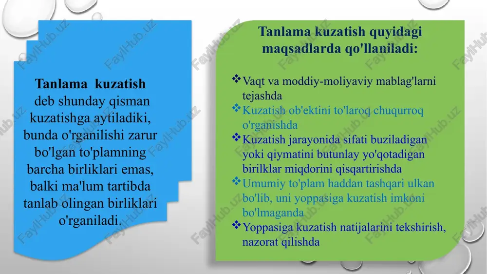 mkin, lekin bu xatoning o'rtacha xatoga nisbatidan oshmaydi va normalangan tafovut deb ataladi: 𝒕=(𝒙 ̃−𝒙 ̅)/𝝁 shunday qilib, tanlama to'plamning o'rtacha ko'rsatkichi bilan bosh to'pam o'rtacha ko'rsatkichi o'rtasidagi farq yul qo'yilishi mumkin bo'lgan xatodan kichik yoki teng bo'ladi: |𝒙 ̃−𝒙 ̅ |≤𝒕∙𝝁 tanlama to'plamga kiritiladigan birliklar sonida normalangan tafovut taqsimoti laplas-gauss tenglamasi bilan aniqlanadi. bu tenglama normal taqsimotning standart tenglamasi deyiladi: 𝑷(𝒕)=𝟏/√𝟐𝝅 𝒆^(〖−𝒕〗^𝟐/𝟐) tanlash usullari bo'yicha o'rtacha xatoni aniqlash tanlash xatosi asosan o’rtacha miqdor va salmoqni tavsiflaydigan ko’rsatkichlar uchun topiladi tanlama kuzatish ma’lumotlarini bosh to’plamga tarqatish tanlamaning me’yoriy xatosi bosh to’plam tavsifining me’yoriy miqdorlarini va ishonch intervallarini aniqlashga imkon beradi: o’rtacha uchun, ; bu bosh o’rtachaning miqdori oraliqda bo’ladi deb berilgan ehtimollik bilan tasdiqlash mumkinligini bildiradi. tanlama kuzatish ma’lumotlarini bosh to’plamga tarqatish salmoq uchun ishonch intervali, ; yani, bosh to’plamdagi salmoqning qiymati oraliqda bo’ladi tanlamaning zaruriy miqdorini aniqlash tartibi tanlama o’rtacha miqdor xatosining chegarasiga asoslanib, tasodifiy tanlash usuli uchun tanlamaning …