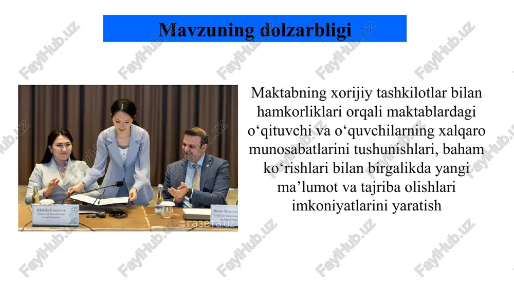 abgacha ta’lim vazirligi maktablarga imkoniyatlar ochib berishi kerak. 3. maktabga ingliz tili fanini chuqur o‘rgatish maqsadida xorijiy mutaxassislarni jalb qilish 2. xorijiy davlatlarda ta’lim olayotgan yoki faoliyat yuritayotgan faxriy bitiruvchilar bilan uchrashuvlar tashkil qilish. chora-tadbir t/r muammo muammoning yechimini amalga oshirish mexanizmi mas’ullar muddati natija 1 maktabda xorijiy tashkilotlar bilan hamkorlik munosabatlari o‘rnatilmaganligi hamkorlik munosabatini bosqichma-bosqich o‘rnatishi uchun yo‘l xaritasi ishlab chiqish. maktab direktori. yil davomida maktab reytingi ko‘tariladi va ta’lim sifati oshadi 2 maktabning zamonaviy axborot kommunikatsiya texnalogiyalari bilan ta’minlanishida turli loyixalarda ishtirokining yo‘qligi zamonaviy axborot kommunikatsiya texnalogiyalari bilan ta’minlanishida turli xorijiy mamlakatlar bilan o‘tkaziladigan loyixalarda ishtirokni tashkil qilish maktab direktori. akt mutaxassisi doimo zamonaviy axborot kommunikatsiya texnalogiyalari bilan ta’minlanadi, sifat va mazmun ortadi. 3 xorijiy ta’lim muassasalari tajribalarini mentalitetimizdan kelib chiqgan xolda o‘quv-tarbiya jarayoniga tadbiq qilish o‘qituvchi va o‘quvchilar uchun ta’limiy axamiyatga ega bo‘lgan veb saytlar, internet tarmog‘aridan foydalangan xolda jamoa va o‘quvchilar doimo bilimli izlanuvchan inavatsion g‘oyalarga …