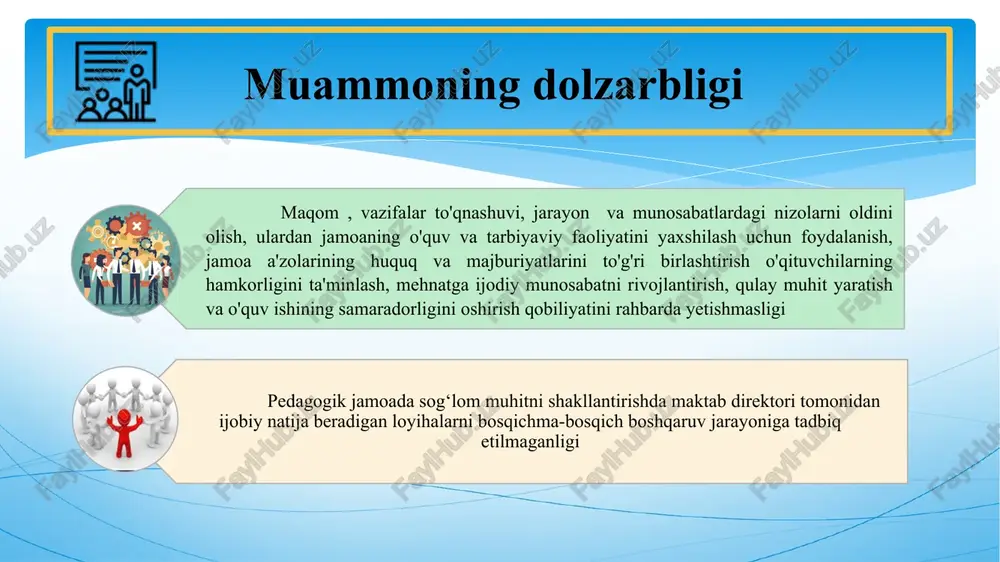 azlari juda mashhur. bu sayohatlar orqali jamoa a’zolarini yanada bir-biri bilan yaqin do‘stona munosabatda bo‘lishga qaratilgan dasturlar amalga oshiriladi. germaniya kanada yaponiya muammo yuzasidan xorijiy tajribalarni o‘rganilganligi qiyosiy tahlil № amaldagi holat(o‘zbekistonda) amaldagi holat(xorijda) taklif 1 o‘qituvchilar ko‘pincha faqat dars berish bilan cheklanadi. germaniyada muammolarni birgalikda hal qilish: o‘qituvchilarning muammolarini birgalikda hal qilish imkoniyatlari yaratilgan, bu esa ularning o‘zaro munosabatlarini yaxshilaydi va qo‘llab-quvvatlovchi muhitni shakllantiradi. o‘qituvchilar birgalikda ishlaydi, bir-birlariga yordam beradi va tajriba almashadi. bu o‘qituvchilarning o‘zaro hamkorligini oshiradi, qo‘llab-quvvatlovchi muhitni yaratadi va ularning samaradorligini oshiradi. o‘qituvchilarni ta’lim jarayonidan tashqari faoliyatlarga jalb qilish, ularning pedagogik qarorlarni qabul qilishdagi roli va ahamiyatini oshirish. 2 yangi boshqaruv usullariga o‘tish jarayoni sust. sog‘lom ish joyi madaniyati: kanada maktablari o‘qituvchilar orasida sog‘lom munosabatlar va hurmatni rivojlantirishga muhum etibor qaratiladi. stressni boshqarish dasturlari: kanada maktablari o‘qituvchilarga stressni boshqarish bo‘yicha mashg‘ulotlar va yordam dasturlarini joriy qilingan. hamkorlik va qo‘llab-quvvatlash: kanada o‘qituvchilar o‘rtasida hamkorlikni va bir-birlarini qo‘llab-quvvatlashni …