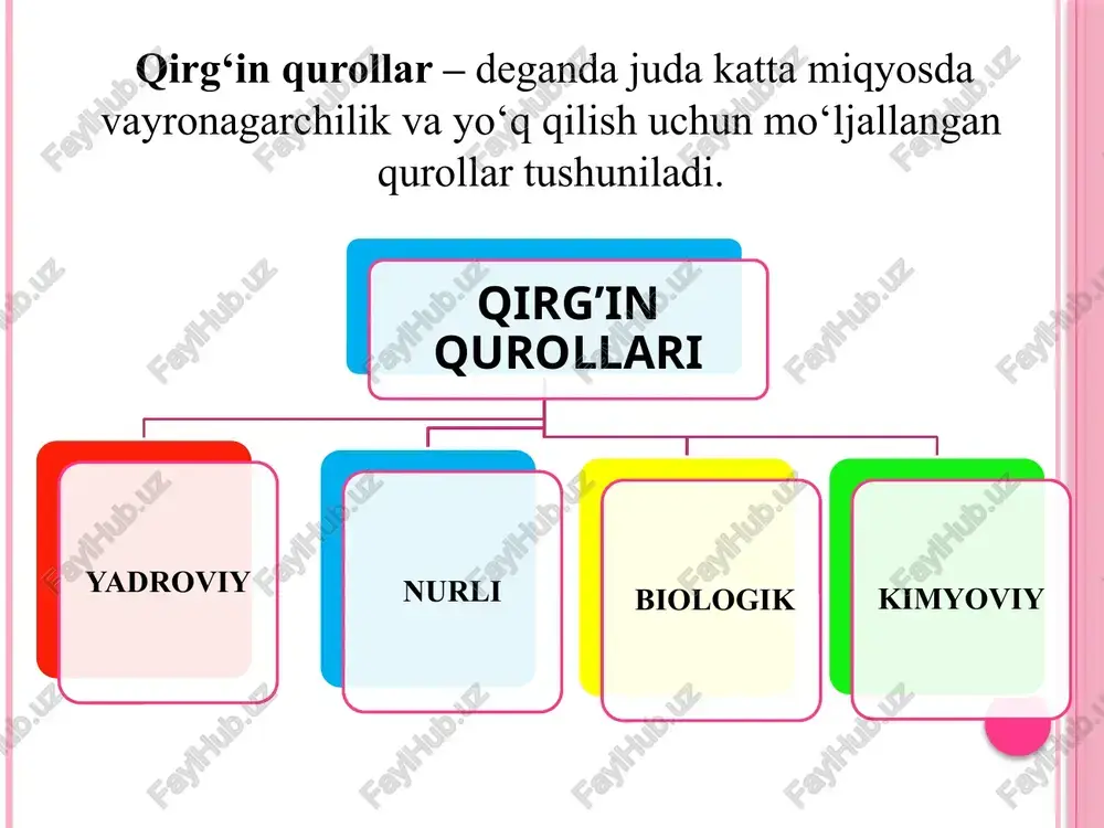 hun aviatsiya bombalari, ampulalar, paketlar, qoplar, qutilar, har xil masofaga uchib bora oladigan raketalar, xilma-xil to’qish aviatsiya asboblari (masalan, bakterial aerozollar solingan generatorlari) ishlatilishi mumkin. bakterial vositalarning aerostatlardan (havo sharlardan) tashlanishi ehtimoldan holi emas. diversantlardan, foydalanilgan holatda, turar joylarni, hizmat xonalarni, oziq-ovqat, yem-xashak omborlarni, suv bilan ta’minlash manbalarini, suv omborlari zaharlash mumkin. bakterial zaharlanish o’chog’i yuqumli kasalliklar tarqalish manbai hosil qiladigan bakterial vositalarning ta’sirida bo’lgan hududdir. bakterial zaharlanish o’chog’ining tafsifi va ko’lami dushman tomonidan ishlatilagan bakteriolagik qurolning turiga, kasallik tug’diruvchilarning biologik xususiyatlarga va ularning ishlatilish usuliga indikatsiyaning va davolash profilaktik hamda dizenfektsiya tadbirlari o’tkazishning qanchalik samarali ekanligiga bog’liqdir. bakterial zaharlanish o’chog’ining hosil bo’lishiga meterialagik sharoit va joining relyefi ta’sir ko’rsatadi. bakterial zaharlanish o’chog’i bir nech yuz va bir necha ming kvadrat kilometr maydonni qamrab olish mumkin. bakterial vositalarning odam yoki hayvon organizmiga ta’sir etish turg’unligi kasallik tug’diruvchilar va kasallik tarqatuvchilar turiga shuningdek meteorologagik sharoitga (shamolning tezligi va yo’nalishi havoning namligiga …