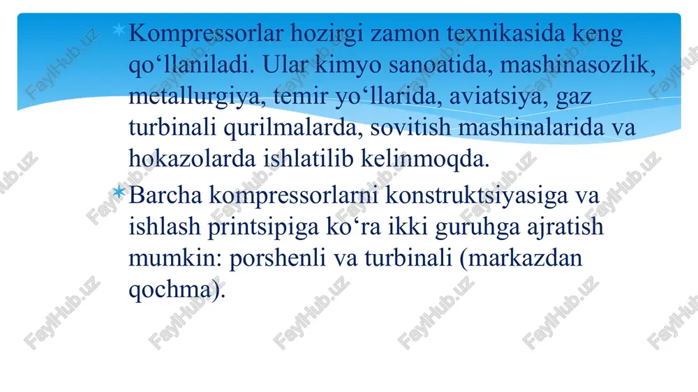 bo‘ladi. unumdorligi past va uncha yuqori bo‘lmagan bosim hosil qiluvchi kompressorlar havo bilan sovitilib turiladi. 2. real kompressordagi siqish jarayonlari real kompressordagi jarayonlarda mexanik va gidravlik isroflar bo‘ladi. real kompressorlarning hisobida sovitilayotgan kompressorning yuritmasi uchun ish izotermik siqishdagi ishga, sovitilayotgan hol uchun adibatik siqish ishiga teng deb olinadi. real kompressorning ish samaradorligi izotermik va adibatik f.i.k. lar bilan aniqlanadi. bu f.i.k. lar kompressor yuritmasi uchun sarflangan nazariy va xaqiqiy ishlar nisbati bilan tavsiflanadi: ; kompressor yuritmasi uchun sarflanayotgan effektiv quvvat quyidagicha aniqlanadi: bu yerda: – gazning politrop siqilishdagi kompressor yuritmasi uchun sarflangan ish, j/kg; m – kompressor unumdorligi m=vn (bu yerda vn-normal sharoitdagi hajmiy unumdorlik, m3/sek; n – gazning normal sharoitdagi zichligi ); – gazning politrop siqishdagi kompressorning f.i.k. – ishqalanishni xisobga oluvchi mexanik f.i.k.; – to‘liq f.i.k. yuqori bosimli gazlarni olish uchun ko‘p bosqichli kompressorlar qo‘llaniladi (4-rasm). ularda gazni ancha yuqori bosimlargacha siqish uchun uni bosqich bilan, yahni oraliq …