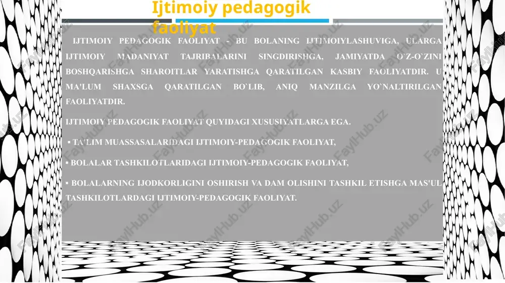 titutlarining ochilishi bilan paydo bo‘ldi, lekin hozirgi kunda bu tushunchalarning ma’nosi to‘la ochilmadi. bu so‘zlarni qo‘llashda asosan ikki xil holatlar daajratiladi. ijtimoiy ta’lim deganda ijtimoiy sohada ishlash uchun maxsus kadrlarni tayyorlash bunda barcha mutaxassislik bo‘yicha ta’lim turlarini kiritgan holda boshlangich, o‘rta va yuqori o‘quv yurtlarida shuningdek kurslar tayyorlash kadrlarni qayta tayyorlashlar kiritilgan. bu termin ya’ni insonning jamiyatdagi hayotiy ishchangligining asosiy qoidalari, ijtimoiy madaniyatni egallash, ijtimoiy tafakkur va harakat, ijtimoiy hissiyot madaniyati va ijtimoiy masalalar madaniyati tushuniladi. bu holda ijtimoiy ta’lim tushunchasi ijtimoiy o‘qitish tushunchasiga yaqindir iijtimoiy tarbiya ijtimoiy tarbiya - bu ijtimoiy pedagogikada “tarbiya”kategoriyasiga kiruvchi shakli bo‘lib pedagogika, sotsiologiya, psixologiya va boshqa fanlarda o‘rganiladi. inson shaxsining sifati uning xatti - harakatlarida ko‘rinadi, shuning natijasida insonning xulq - atvori shakllanadi, agar qandayda bir sabab bilan ijtimoiy bilim shakllanmagan bo‘lsa, demak munosabatlar shaxsning ijtimoiylashuv sifati ham shakllanmaydi. shu sababli ijtimoiy pedagogic faoliyat jarayonida shunday zaruriy sifatlar bolalarda shakllantirish talab qilinadi, bu ijtimoiy …