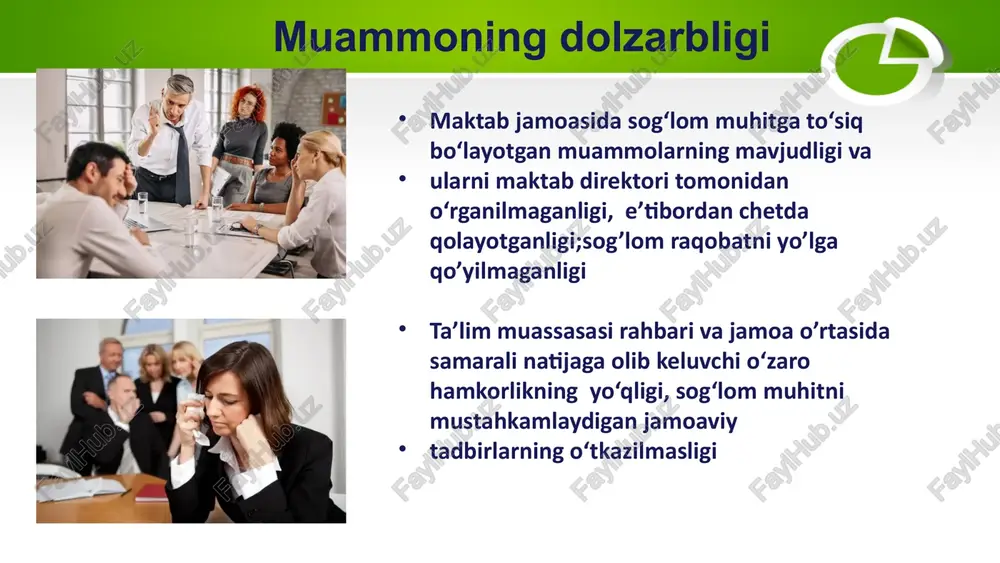 bu muhitni yaratishdagi rolini o‘rganadi. tadqiqot natijalari direktorlarga ushbu jarayonda yordam beradigan ko‘rsatmalar va tavsiyalar beriladimaktablari ko‘proq avtonomiyaga ega bo‘lib, boshqaruv tizimi demokratik prinsiplarga asoslanadi. har bir maktab o‘z faoliyatini mustaqil rejalashtiradi va amalga oshiradi. muammo yuzasidan xorijiy tajribalarni o‘rganilganligi . qiyosiy tahlil amaldagi holat (o‘zbekistonda) amaldagi holat (xorijda) direktorlar pedagogik jamoalarda sog'lom muhitni yaratishda faol rol o‘ynaydi xorijiy mamlakatlarda direktorlarning o'rni va sog'lom muhitni rivojlantirishdagi mas'uliyatlari turlicha bo'lsa-da, ba'zi umumiy o'xshashliklar mavjud. direktorlar jamoa maqsadlarini aniqlash, jamoa a'zolarining o'zaro ishonch va hurmatini rag'batlantirish, professional rivojlanishni qo'llab-quvvatlash, og'ir ishni tan olish va mukofotlash, shuningdek, qiyinchiliklardan himoya qilish uchun mas'uldirlar. “ team building ” – jamoa qurish, yo‘nalishida ko‘p tajriba orttirilgan, va samarodorlikka erishilgan. takliflar maktabda sog‘lom muhitni shakllantirish uchun dastlab pedagoglarni juliyan rotterni psixologik lokus kontrol testini olish va tajriba sifatida asosiy omillarga aylantirish; shu test natijasi asosida xodimlar psixologik yuzi tashkil qilinib shunga ko’ra ish tashkil qilish bu ishonch …