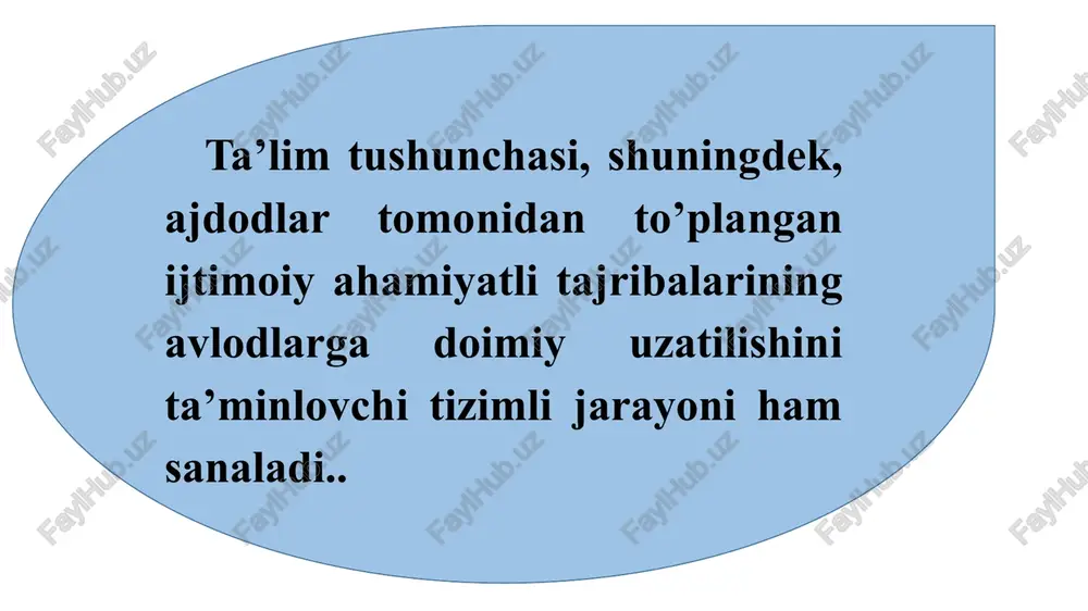 aliy) ehtiyojlari negizida shakllangan va u odamlarga hayot faoliyatlarini yo’lga qo’yish uchun zarur. o’rta asrda yaqin va o’rta sharqda diniy o’quv muassasalari – madrasalar ta’lim va fan markazlari bo’lgan. o’zbekistonlik, rossiyalik va chet el sharqshunos tadqiqotchilari tomonidan madrasa turidagi o’quv muassasalari aynan markaziy osiyoda yuzaga kelgani va shu yerdan boshqa mamlakatlarga tarqalgani isbotlangan. somoniylar davrida (x asr) faqat samarqandning o’zida 20 ga yaqin madrasalar mavjud bo’lgan. abu ali ibn sino (980-1037) o’zining «donishnoma» («bilimlar kitobi») nomli asarida mazkur madrasalarda faqat musulmonchilikka oid bilimlar berilibgina qolmay, balki dunyoviy ilmlar ham o’rganilganligi, ilmiy tadqiqotlar olib borilganligi, ularning negizida ilmiy maktablarning yuzaga kelganligi qayd etiladi. o’z davrida madrasalarda o’qitilishi yo’lga qo’yilgan fanlarni abu ali ibn sino quyidagi tizimlar bo’yicha ajratadi: odob (xulq etikasi), astronomiya, tibbiyotshunoslik, til va uning grammatikasi, fikh (musulmon qonunchiligi). alloma tomonidan taklif etilgan tarbiya turlar esa quyidagilardan iborat: 1) aqliy tarbiya; 2) jismoniy sog’lomlashtirish; 3) estetik tarbiya; 4) ma’naviy tarbiya; …