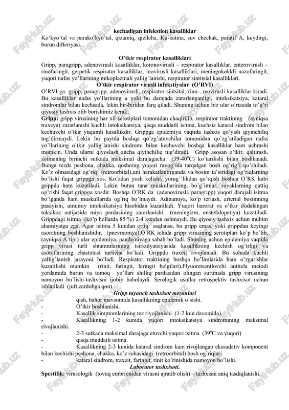 q shilliq qavati shishgan, qizargan, kasallangan va ovoz boylamlari qizargan bo’ladi. stenozlovchi laringit yoki yolg’on bo’g’ilish o’rk turli kasalliklarda (gripp, adenovirus, paragripp, qizamiqda) ham uchraydi. stenozning rivojlanishiga ko’ra 4 ta darajasi bo’ladi: 1-darajasida: qisqa muddatli nafas olishning qiyinlashishi, lekin nafas yetishmovchiligi bo’lmaydi. 2-darajasida: nafas qiyinlashi tez-tez bo’lib nafas olganda ko’krak qafasidagi chuqurliklar (o’mrov usti, osti chuqurliklari, epigasral soha, bo’yinturun chuqurchasi) tortiladi. nafas shovqinli masofadan eshitiladi. kuchsiz rivojlangan nafas yetishmovchiligi bo’ladi. 3-darajada: nafas olishning qiyinlashi, chuqurchalar tortilishi, lablarida tsianoz, kuchli terlash, bemorni bezovtalanishi, o’pkada nafas eshitilmaydi, nafas yetishmovchiligi rivojlangan bo’ladi. 4-darajada asfiksiya rivojlanadi bu ko’pincha bolalarda uchraydi. o’tkir laringitni, surunkali laringitning qo’zishi, infektsion xarakterda bo’lmagan laringit bilan ham taqqoslash kerak. surunkali laringit xirillash, ovozning tez charchashi, tomoqda kirilish, so`kilish, quruqlik hissi, afoniya rivojlanishi bilan kechadi. anamnezdan bu kasallik bilan oldin og’riganligi aniqlanadi. laringoskopiyada – kuchsiz giperimiya, shilliq qavatning qalinlashganligi ko’rinadi. traxeit – ko’pgina o’rk kasalliklarda traxeya jarayonga qo’shiladi, lekin klinikasi bilinar-bilinmas …