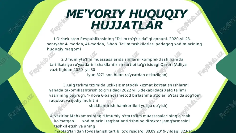 a ba’zi mamlakatlarning tajribasi va statistik ma’lumotlar keltiriladi finlandiya tajribasi ko'p bosqichli o'qituvchilar tayyorlash: o'qituvchilar o'z kasbiy ko'nikmalarini doimiy ravishda oshirish uchun o'quv dasturlariga qatnashadilar. o'qituvchilarni rag'batlantirish: finlandiyada o'qituvchilarga yuqori maosh va keng imkoniyatlar bilan ta'minlanadi, bu esa raqobat muhitini qo'llab-quvvatlaydi. statistik ma'lumotlar: oecd ma'lumotlarga ko'ra, finlandiyada o'qituvchilar dunyoning eng yaxshi tayyorgarlik ko'rgan pedagoglari hisoblanadi, va pisa natijalariga ko'ra, finlandiya o'quvchilari matematika, o'qish va tabiiy fanlar bo'yicha yuqori o'rinlarni egallaydi. seminar va treninglar yangi metodlarni o‘rganish: zamonaviy pedagogik texnologiyalar va metodlar bo‘yicha treninglar.” tajribali o‘qituvchilar bilan seminarlar: tajribali pedagoglar o‘z bilim va tajribalarini boshqalar bilan bo‘lishishi mumkin.” ochiq darslar va mahorat darslari: boshqa o‘qituvchilar uchun ochiq darslar o‘tkazish. darslarni video qilish: tahlil video qilish tahlil darslarni orqali o‘qituvchilarning kuchli va zaif tomonlarini aniqlash.” foydalanilgan adabiyotlar 1 2 3 nizomova r. - "ta'lim jarayonida pedagogik texnologiyalarni qo'llash" ismoilov m. - "o'zbekiston ta'lim tizimida innovatsion yondashuvlar" karimov i. - "ta'lim sohasida islohotlar: …