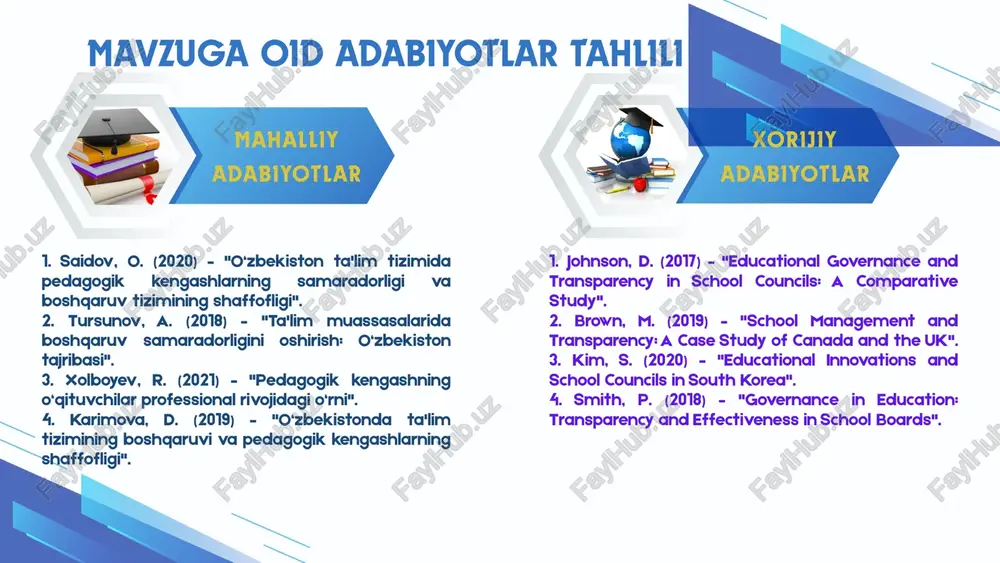 lga oshirilmoqda. bunga pedagogik kengashlarning faoliyatini modernizatsiya qilish, shaffoflikni ta'minlash va samaradorlikni oshirish kabi maqsadlar kiradi. qozog‘istonda pedagogik kengashlarning faoliyati onlayn platformalarda ochiq qilinadi. kengash qarorlarining shaffofligini ta'minlash va ota-onalar, o‘qituvchilar bilan muloqotni rivojlantirish uchun zamonaviy texnologiyalar qo‘llaniladi. turkiyada pedagogik kengashlarning faoliyati shaffof va ochiq boshqaruv prinsiplari asosida amalga oshiriladi. kengash qarorlarini onlayn tarzda taqdim etish amaliyoti mavjud. rossiyada pedagogik kengashlarning faoliyati raqamli boshqaruv tizimlari va monitoring mexanizmlari orqali boshqariladi. kengash qarorlarining samaradorligini oshirish va monitoring qilish tizimlari joriy etilgan. o‘zbekiston va xorijiy tajribalar: takliflar: raqamlashtirish: o‘zbekistonda pedagogik kengashlarning faoliyatini raqamlashtirish, ya'ni kengash qarorlarini onlayn platformalarda taqdim etish va elektron boshqaruv tizimlarini joriy etish. jamoatchilik ishtirokini kengaytirish: javoatchilik ishtirokini oshirish uchun kommunikatsiya kanallarini kengaytirish. fikr-mulohazalarini olish va ularni kengash qarorlariga kiritish orqali ishtirokni kuchaytirish. monitoring va baholash tizimlarini joriy etish: kengashlarning qarorlarini monitoring qilish va samaradorligini baholash uchun maxsus tizimlarni joriy etish. tajriba almashish va malaka oshirish: pedagogik kengash a'zolarining …