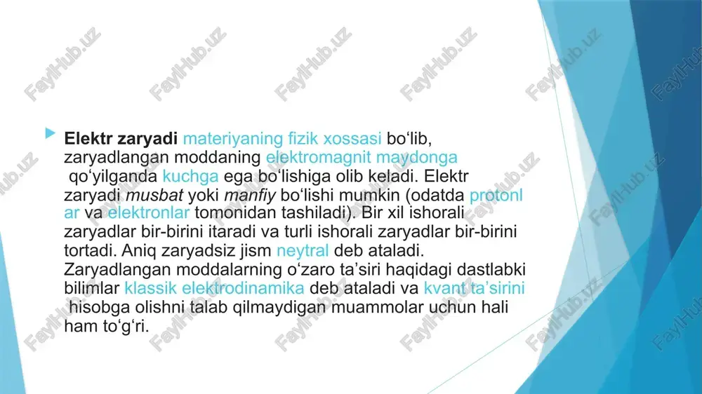 riga ishqalash, masalan, ani moʻynaga yoki shisha bilan ipak bilan ishqalash orqali osongina zaryad hosil qilish mumkin. shu tarzda, elektr oʻtkazmaydigan materiallar sezilarli darajada musbat yoki manfiyy zaryadlanishi mumkin. bir materialdan olingan zaryad boshqa materialga oʻtkaziladi va ikkinchi jism birinchi jism bilan bir xil kattalikdagi, ammo qarama-qarshi ishora bilan zaryadlanib qoladi. zaryadning saqlanish qonuni har doim amal qiladi, musbat zaryadlangan obyektga bir xil kattalikdagi manfiy zaryad berishi kerak, yoki aksincha. e’tiboringiz uchun rahmat!!! image1.jpeg image2.png image3.png image4.png /docprops/thumbnail.jpeg