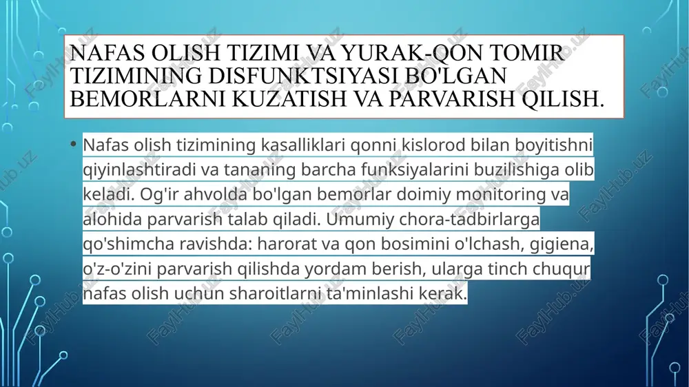 bemorni nafas olishni cheklaydigan kiyimdan ozod qilish va kengroq kiyimga almashtirish. xonada salqin toza havo oqimini ta'minlash, muntazam ventilyatsiya va xona harorati taxminan 18-20 daraja bolishini ta’minlash tibbiy retseptlarga rioya qilish, namlangan kislorod bilan muntazam kislorodli terapiya. oziq-ovqat tarkibini nazorat qilish (10-sonli dietaga rioya qilish) va bemor tomonidan iste'mol qilinadigan suv miqdori (kuniga 1-1,2 litrgacha cheklash). gemodinamikani, nafas olish va terining holatini kuzatish. bo'g'ilishda yordam tibbiyotda bo'g'ilish yoki asfiksiya - bu hayot uchun xavfli holat bo'lib, nafas olish qiyinligi yoki nafas ololmaslik bilan tavsiflanadi, bu organizmda karbonat angidridning to'planishi bilan birga keladi. to'qimalarga kislorod yetishmasligining uzoq davom etishi natijasida miya xujayralarida qaytarilmas shikastlanishlar paydo bo'ladi. asfiksiya xurji, uning paydo bo'lish sabablaridan qat'i nazar, darhol tibbiy yordamni talab qiladi. qon tupurishda yordam bemorga to'liq jismoniy dam olishni ta'minlash kerak. sog'lom o'pkaga qon tushmasligi uchun bemorni to'shakda yarim o'tirgan holatda, zararlangan tomonga egilib o’tqazish kerak. ko'krak qafasining zararlangan tomoniga muz to'plami qo'yiladi. …