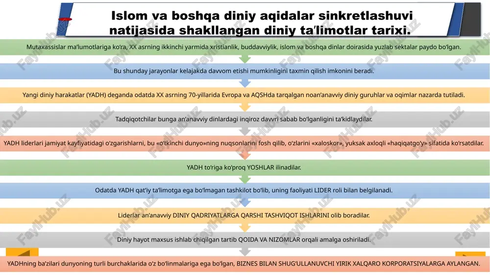da "xudo elchisi"ning namoyon bo‘lishi, kishilarga yangi davrning asosiy qonunlari va nizomlarini in'om etishini targ‘ib qila boshlagan. bahoiylik va qodiyoniylik harakatlari. bobning yirik izdoshlaridan biri mirza husayn ali nuriy (1817-1892) 1863 yilda bob bashorat etib ketgan xudoning elchisi uning o‘zi ekanini e'lon qiladi va bahoulloh, ya'ni "allohning jilosi" nomini oladi. bahoulloning "kitobi aqdas" ("eng muqaddas kitob") va "kitobi iqon" ("mustahkam ishonch kitobi") asarlari bahoiylik ta'limotining asoslarini tashkil etadi. yo‘nalish asoschisi o‘ziga islom dini e'tiqodiga ko‘ra, olamlarning yaratuvchisi bo‘lgan "allohning jilosi" nomini qabul qilgan bo‘lsa-da, bahoiylar aqidasiga ko‘ra, bahoiylik mustaqil din, u biror bir dindan ajralib chiqqan sekta ham, mazhab ham emas, deb hisoblanadi. ushbu yo‘nalishnning nomi ham bahoullohning nomidan olingan. bahoiylik va qodiyoniylik harakatlari. bahoiylik hindiston, uganda, keniya, eron, misr, aqsh, kanada kabi qator mamlakatlarda tarqalgan. hozirgi vaqtda dunyoda bahoiylarning 9 ta ibodat uyi, 200 ga yaqin milliy hamda bir qancha mahalliy diniy majlislari mavjud. bahoiylarning umumiy miqdori taxminan 6 …