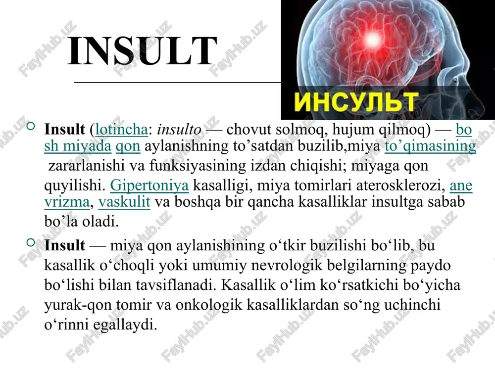 ‘rig‘i, holsizlik, bosh aylanishi, ko‘z oldi qorong‘ilashish, qo‘l-oyoqda uvishish holatlarini his etadi. belgilar kuchayib boradi va bir kunda qo‘l-oyoqlarning tortishishi paydo bo‘ladi. bemor hushini yo‘qotmaydi, boshida tumanni his etadi. ba'zida xastalikning kechishi bexosdan yuz beradi. o‘rta og‘irlikdagi ishemik insultda miya shishi, hush yo‘qotish belgilarisiz kechadigan o‘choqli belgilar kuzatiladi. og‘ir insultda esa, es-hush yo‘qotilishi, miya shishi, trofik o‘zgarishlar, qo‘pol o‘choq nuqsonlar bilan birga, kechuvchi umumiy miya belgilari bilan farqlanadi. insultda reabilitatsiya insultni umumterapevtik davolash yurak-qon tomir tizimini normallashtirish, nafas olish funksiyasini tiklash, miya shishini kamaytirish, shuningdek, qaytalanishini oldini olish va asoratlarini davolashga qaratilgan. insultni davolash tezda boshlanishi kerak. birinchi bosqichda hali insult xarakteri aniqlanmagan paytda bemor hayotini saqlab qolishga qaratilgan davo muolajalari o‘tkaziladi. bemor chalqancha, boshi sal ko‘tarilgan holatda yotqiziladi. agoniya holatida ko‘chirish mumkin bo‘lmagan bemorlardan boshqa hamma insult bo‘lgan bemorlar maxsuslashtirilgan nevrologik bo‘limga yotqizilishi kerak. bemorni ko‘chirish vaqtida ehtiyot bo‘lish, silkitmaslik lozim. agar yurak faoliyati buzilishi o‘pka shishi bilan birga …