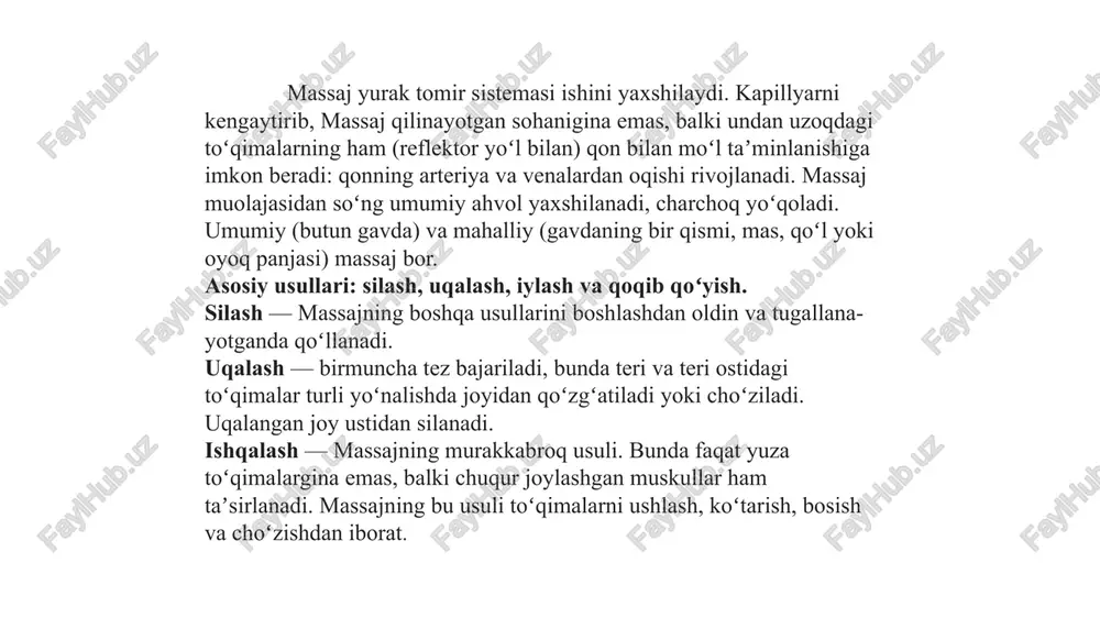 massaj refleks yo`li bilan butun organizmga ta`sir ko`rsatadi va hamma organ hamma to`qimalarda turli o`zgarishlarni keltirib chiqaradi deb xisoblanadi. bu o`zgarishlar darajasi umuman massajning va xususan, uning ayrim usullarining metodikasi hamda texnikasiga bog’liq bo`ladi. massaj ta`sirida bosh miya po`stlog’ida tormozlanish protsesslar kuchayadi. shuni natijasida muolajalardan keyin odamni mudroq bosadi. massajning turli usullari uning dozirovkasiga qarab nerv sistemasining qo`zg’aluvchanliligiga xar -xil ta`sir ko`rsatishi mumkin. chunonchi, silash va ishqalash qo`zg’aluvchanlikni pasaytirsa, shapillatib urish va kaft qirrasi bilan urib chiqish qo`zg’aluvchanlikni kuchaytiradi. massaj og’riqni qoldirish mumkin. massaj mexanik ta`sir qilib epidemik po`stlog’ini tushiradi. massaj tufayli teridagi qon tomirlari kengayadi. terida qon aylanishi va yog’ hamda ter bezlari funktsiyasi kuchayadi. massajdan keyin teri qizarib muloyim bo`lib qoladi. massaj qilinayotgan teri qismini temperaturasi ko`tariladi. massaj muskullariga katta ta`sir ko`rsatadi muskul va tolalarni qisqartirib, muskul xujayralarini o`zida o`zgarishlar paydo qiladi. muskulning charchashi massaj ta`sirida massajsiz dam olganidan ertaroq bosiladi. massaj arofiyaga uchragan muskullar xajmini sezilarli darajada …