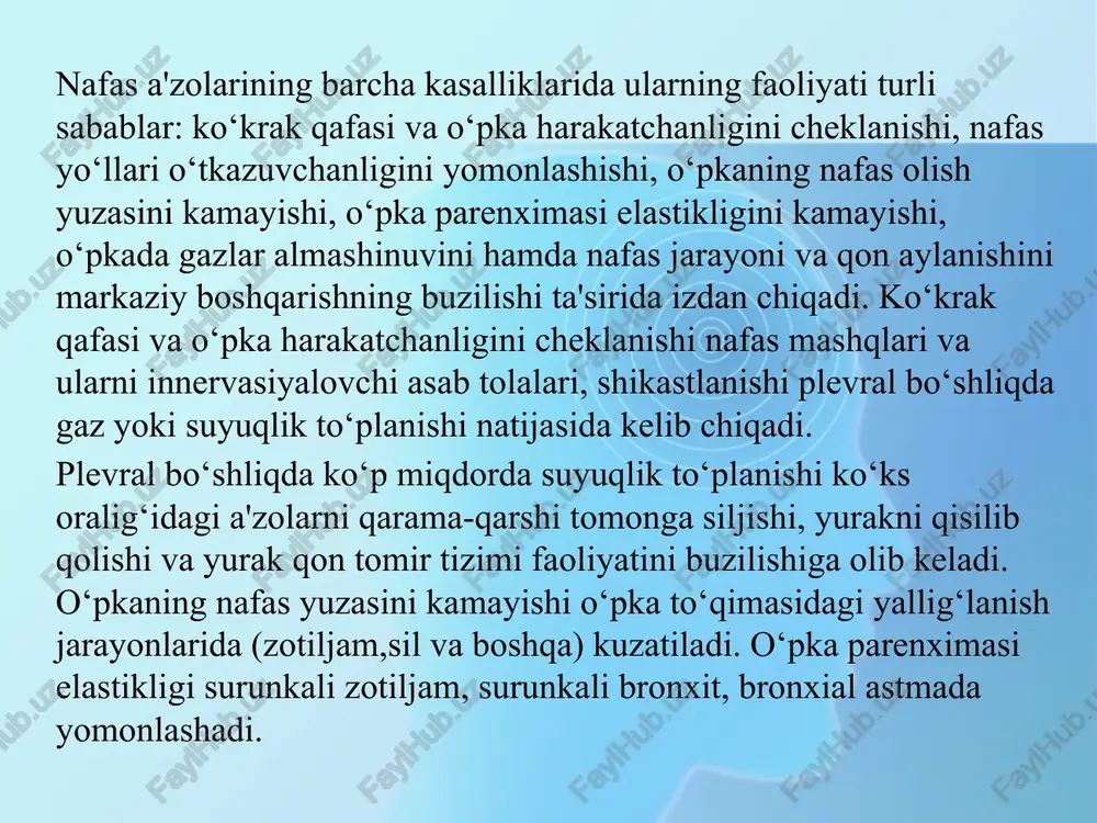 ab, kechasi va namgarchilikda kuchayuvchi balg‘amli nam yo‘tal. bronxit yengil o‘tadigan bo‘lsa odam lanjlik sezmasdan, goh – goh yo‘talib balg‘am tashlab turadi. odatda havo nam va sovuq bo‘lib turgan vaqtlarda kayfiyat tushib ketadi. aynivaqtda balg‘am tashlab o‘ytalish kuchayadi. ish qobiliyati tushib ketadi. kichik bronxlar zararlanganda, ayniqsa, kuchli yo‘tal bezovta qiladi. surunkali bronxitda quyuq qo‘lansa hidli balg‘am ajraladi. davolash va muhofazalash; •termopsis, ipikakuana; •surunkali bronxitga olib keluvchi kasalliklar bilan kurashish (chiniqtirish); •iqlimiy davolash - qora dengiz kurortlarida,quruq xavoli tog‘li joylarda (kislovodsk). surunkali bronxitda djt uslubi surunkali nafas olish organlarini nospesifik kasalliklarida yallig‘lanish yo‘tal balg‘am bilan 3 oy va undan oshishi bilan xarakterli etiologiya – patogen stofilo-pnevmokoklar, viruslar. ba'zi hollarda o‘pkani tug‘ma anomaliyasi, nafas olish yullarini allergik kasalliklari. djt surunkali bronxitni barcha davrlarida tayinlanadi. djt ni vositalari: 1. maxsus mashqlar, undan tashqari drenajli mashqlar (bronxial daraxtni funksiyasini yaxshilash va meyyorlash). 2. bronxlar spazmini oldini oluvchi mashqlar. 3. organizmni qarshiligini oshiruvchi umumrivojlanish mashqlari. …