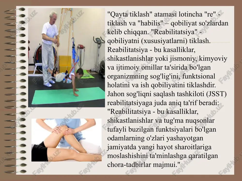 nospesifik davolash usulidir. davolash maqsadida beriladi-gan mashqlar spesifik ta'sir qilish bilan bir vaqtda, organizmning umumiy reaktivligi, modda almashinuv jarayonlari, organlarning qon bilan ta'minlanishlarini kuchaytiradi; -djt funksional davolash usulidir. patologik jarayonning rivojlanishi hisobiga organ va tizimlarning funksional holatlarida buzilishlar kuzatiladi. djt vositalari bilan buzilgan funksional holatlar yaxshilanadi va tiklanadi. zamonaviy reabilitasiya moslamalari fizioterapiya djt massaj mexanoterapiya noan’anaviy davolash usullari fizik aspektlar djt ning asosiy uslublari quydagilarga asoslanadi. a) didaktik prinsip (mashqlarning tizimlashtirilganligi, mashqlarning bajarishini muntazamligi va ketma- ketligi individual yondashuvi b) jismoniy mashqlar bajarish davomiyligini to‘g‘ri tanlash va aniqlash v) har-bir mashqni takrorlanish sonini aniqlash g) bajarilayotgan mashqning tempi. d) kuchlanishning bemor imkoniyatiga adekvatligi-mosligi e) harakat ritmi va murakkablik darajasi. djt muolajasini o‘tkazish uslublari. djt muolajasi o‘tkazishda 2ta usul individual va guruhli usullar qo‘llaniladi. individual usul og‘ir holati tufayli harakati chegaralangan bemorlarda qo‘llaniladi. individual usulning bir varianti bo‘lgan mustakil usul uyga javob berilgan bemorlarga tavsiya etiladi. guruhli usul esa tibbiyot muassasalarida …
