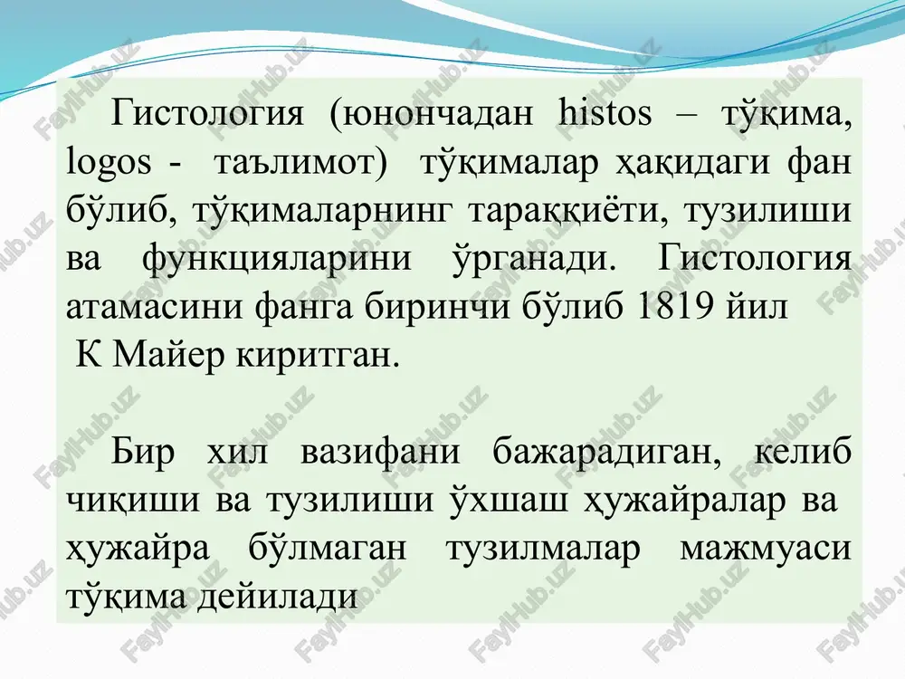n epiteliy u og'iz bo'shlig'i-ning ichki yuzasini, qizilo'n-gachning shilliq qavatini va ko'z muguz pardasini qoplaydi va uchta qavatdan iborat bazal qavat – bazal membranada yotuvchi bir qavat tsilindr-simon hujayralar tikanak-simon hujayralar qavati - bazal qavat ustida yotuvchi ko'p qirrali hujayralar bo'lib, uning o'zi ham bir necha qavatni hosil qiladi yassilashgan hujayralar qavati – epiteliy-ning eng ustida joylashgan yassi hujayralar bo'lib, muguzlan-masdan tushib ketadi bazal va tikanak-simon hujayralar o'zaro dismosoma-lar orqali tutashadi, tsitoplpzma-sidagi tonofibril-lalar esa tayanch vazifasini bajaradi ko'p qavatli yassi muguzlanadigan epiteliy u terining epidermis qismini tashkil qiladi. unda 5 ta qavat farqlanadi 1-bazal qavat va 2- tikanaksimon hujayralar qavati muguzlanmaydigan epiteliy singari donador qavat tikanaksimon hujayralar qavati ustida joylashgan yassi hujayralar bo'lib, tsitoplazmasida keratogialin donachalarini tutadi yaltiroq qavat kaft va tavon epidermisida bo'lib, o'zi 3 – 4 qavatni hosil qiladi, yadrosi yo'q, tsitoplazmasi eleidin tutadi muguz qavat yassi muguz tangachalardan iborat bo'lib, uning tarkibiga havo pufakchalari va muguz modda …