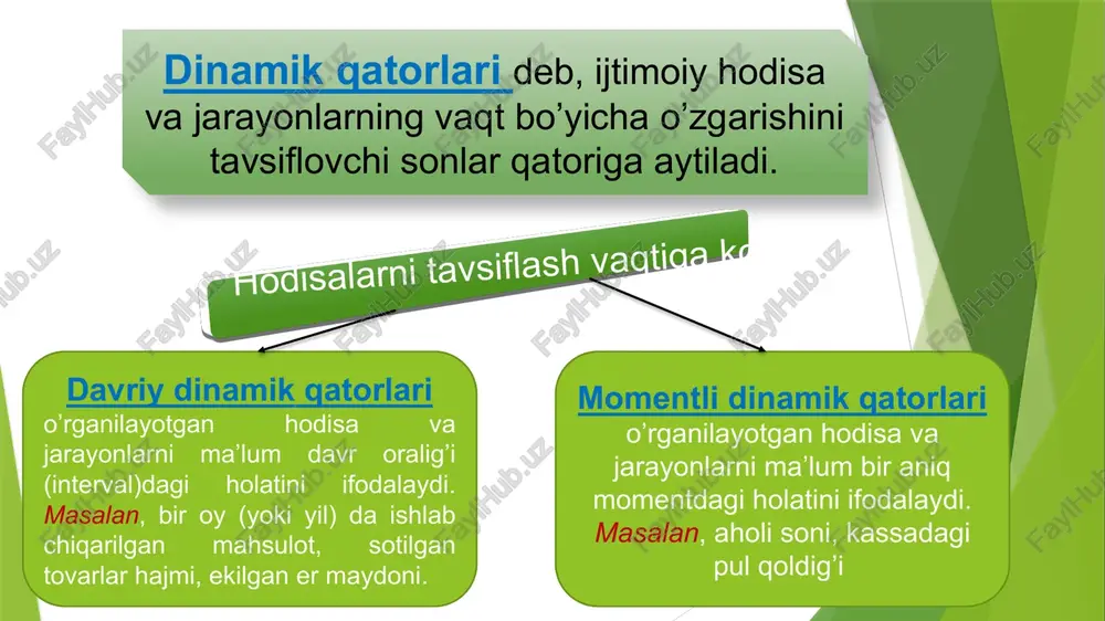 ha darajasi quyidagi formula yordamida aniqlanadi: moment(payt)li vaqtli qatorlarining hadlari orasidagi sanalar teng bo’lsa, o’rtacha daraja o’rtacha xronologik formula asosida aniqlanadi. agarda momentli(payt) vaqtli qatorlarida hadlar orasidagi sanalar teng bo’lmasa, u holda o’rtacha arifmetik tortilgan formula asosida aniqlanadi. vaqtli qatorlarni tekislash usullari interval (davr) oralig’ini kengaytirish bu usulning mohiyati shuki, agar oldingi intervallarda hisoblangan darajalar hodisaning rivojlanish tendentsiyasini ko’rsatmasa, ular asosida yangi intervallar (kengaytirilgan) tuzilib va har bir yangi interval bo’yicha qator darajasi hisoblaniladi. sirg’anchiqli o’rtachani hisoblash – bu usulning mohiyati shundaki, unda dinamika qatorlarida keltirilgan haqiqiy darajalar sirg’anchiq o’rtacha miqdor bilan almashtiriladi. analitik tekislash – bu usulning asosiy mazmuni bo’lib, rivojlanishning asosiy tendentsiyasini vaqt (ut) funktsiyasi sifatida hisoblanishidir: uti =f(ti) a0 va a1 parmetrlarni aniqlash uchun quyidagi tenglamalar sistemasini echish kerak: masala. mamlakatda ishlab chiqarilgan iste’mol tovarlarining qiymati haqida ma’lumotlar keltirilgan: yillar 2012 2013 2014 2015 2016 2017 2018 2019 2020 iste’mol tovarlari, mlrd so’m. 1825,3 1200,6 1535,2 2023,3 …