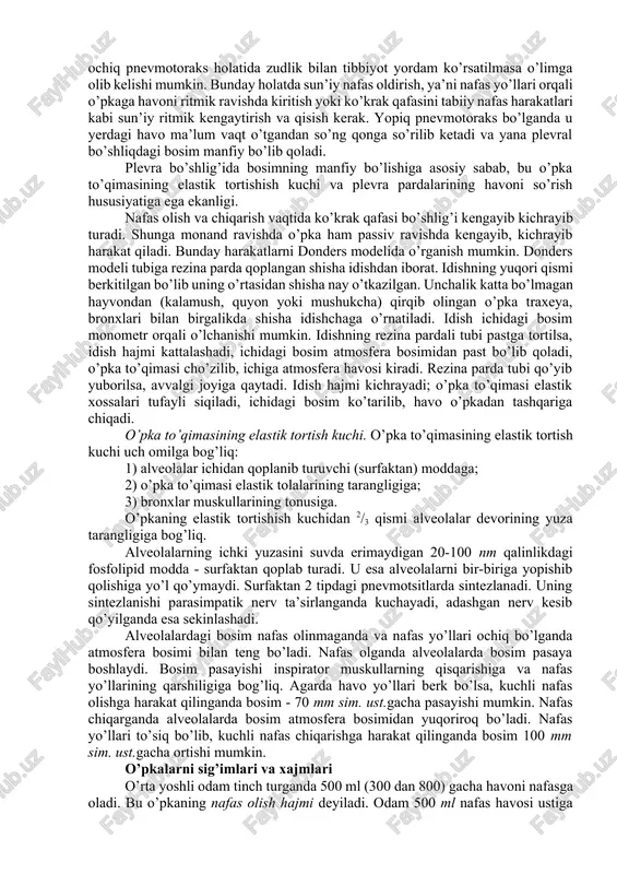 uqur nafas chiqarilganda esa nafas chiqarish muskullari ishtirok etadi. bularga: ichki qobirg’alararo muskullar, qorin muskullari (qiyshiq, ko’ndalang va to’g’ri) qo’shimcha nafas chiqarish muskullariga yana umurtqani bukuvchi muskullar ham kiradi. plevra va alveola bo’shliqlaridagi bosim. ko’krak qafasida joylashgan o’pka va ko’krak qafasi seroz parda-plevra bilan o’ralgan. plevrani parietal va vistseral varaqlari bo’lib, ularning oralig’ida seroz suyuqlik mavjud. suyuqlik tarkibi bo’yicha limfa suyuqligiga o’xshash. plevra bo’shlig’ida bosim atmosfera bosimidan past bo’ladi. buni quyidagi tajribada kuzatish mumkin. buning uchun rezina naychalar orqali «u» simon shisha nayga simob to’ldirilib, rezina naycha orqali ignaga ulab plevra bo’shlig’iga kiritiladi. monometrning ko’rsatkichi, bosimlar farqi hisobiga, plevra bo’shlig’i tomon ulangan qismi ko’tariladi. bu esa bo’shliqdagi bosim atmosfera bosimidan past ekanligini ko’rsatadi. tinch nafas olgan paytda u yerdagi bosim - 6 mm simob ustunigacha pasayadi. oddiy nafas chiqarganda esa plevra bo’shlig’idagi bosim atmosfera bosimidan - 3 mm sim.ustuniga kam. chuqur nafas olganda bu yerdagi bosimlar farqi 20 mm sim …