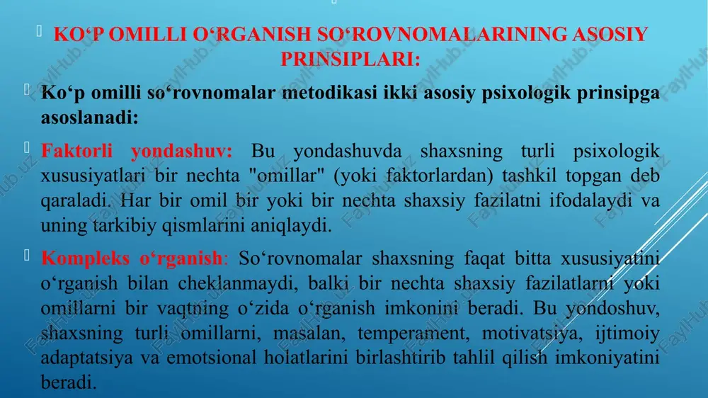 o‘rovnomalar, shaxsning boshqalar bilan munosabatlarini, guruhlarda ishlashdagi muvaffaqiyatini va ijtimoiy moslashuvchanligini tahlil qiladi. r. cattellning 16 faktorli shaxs so‘rovnomasi (16pf) – bu psixologik tahlil va shaxsiy xususiyatlarni baholash uchun ishlab chiqilgan mashhur testdir. bu test shaxsning turli psixologik omillarini aniqlashga qaratilgan va psixologiyada, xususan, shaxsiy psixometriya va psixodiagnostika sohalarida keng qo‘llaniladi. cattellning 16 faktorli shaxs so‘rovnomasi (16pf) shaxsning psixologik xususiyatlarini tizimli va ilmiy asosda o‘rganishga imkon beradi. 1. r. cattell va 16pf testining rivojlanishi: r. cattell (raymond cattell) 1940-yillarda shaxsiy fazilatlarni o‘rganishda empirik, ya’ni tajriba va statistik metodlarni qo‘llagan. uning asosiy yondoshuvi — shaxsiy fazilatlarni faktorial tahlil yordamida ajratish edi. cattell, o‘zining 16pf testini yaratishda, psixologik faktorlarni aniqlash uchun statistik usullarni, ayniqsa faktor tahlilini ishlatgan. 16pf testida 16 ta asosiy psixologik omil yoki shaxsiy fazilatlar aniqlanadi. r. cattell tomonidan ishlab chiqilgan 16 ta omil quyidagicha tavsiflanadi: boshqaruvchanlik (warmth, a) – shaxsning samimiyligi, boshqalar bilan yaqin aloqada bo‘lishga qiziqishi. mantiqiylik (reasoning, …