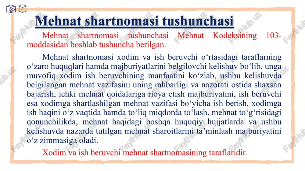 vohnomaning raqami va berilgan sanasi; ish beruvchi tashkilotning joylashgan yeri (pochta manzili) yoki tashkilotning alohida boʻlinmasi xodim bilan mehnat shartnomasini tuzgan ish beruvchi boʻlgan hollarda, ushbu alohida boʻlinmaning joylashgan yeri (pochta manzili) yoxud jismoniy shaxs boʻlgan ish beruvchining yashash yoki turgan joyi manzili; soliq toʻlovchining identifikatsiya raqami (bundan yakka tartibdagi tadbirkorlar boʻlmagan jismoniy shaxslar boʻlgan ish beruvchilar mustasno); tashkilotlar yoki ularning alohida boʻlinmalari boʻlgan ish beruvchilarning, shuningdek yakka tartibdagi tadbirkorlarning bank rekvizitlari; ish beruvchining aloqa maʼlumotlari (telefon raqamlari, elektron pochta manzili va boshqalar). eʼtibor bering: agar mehnat shartnomasini tuzishda ushbu moddaning birinchi, ikkinchi va uchinchi qismlarida nazarda tutilgan rekvizitlardan biror-biri shartnomaga kiritilmagan boʻlsa, bu mehnat shartnomasini tuzilmagan deb eʼtirof etish yoki uni bekor qilish uchun asos boʻlmaydi. ***** mehnat shartnomasi yetishmayotgan rekvizitlar bilan toʻldirilishi kerak. bunda yetishmayotgan rekvizitlar mehnat shartnomasiga doir yozma shaklda tuziladigan qoʻshimcha kelishuv bilan belgilanadi, ushbu kelishuv mehnat shartnomasining ajralmas qismidir. ***** rekvizitlar oʻzgargan taqdirda, mehnat shartnomasining …