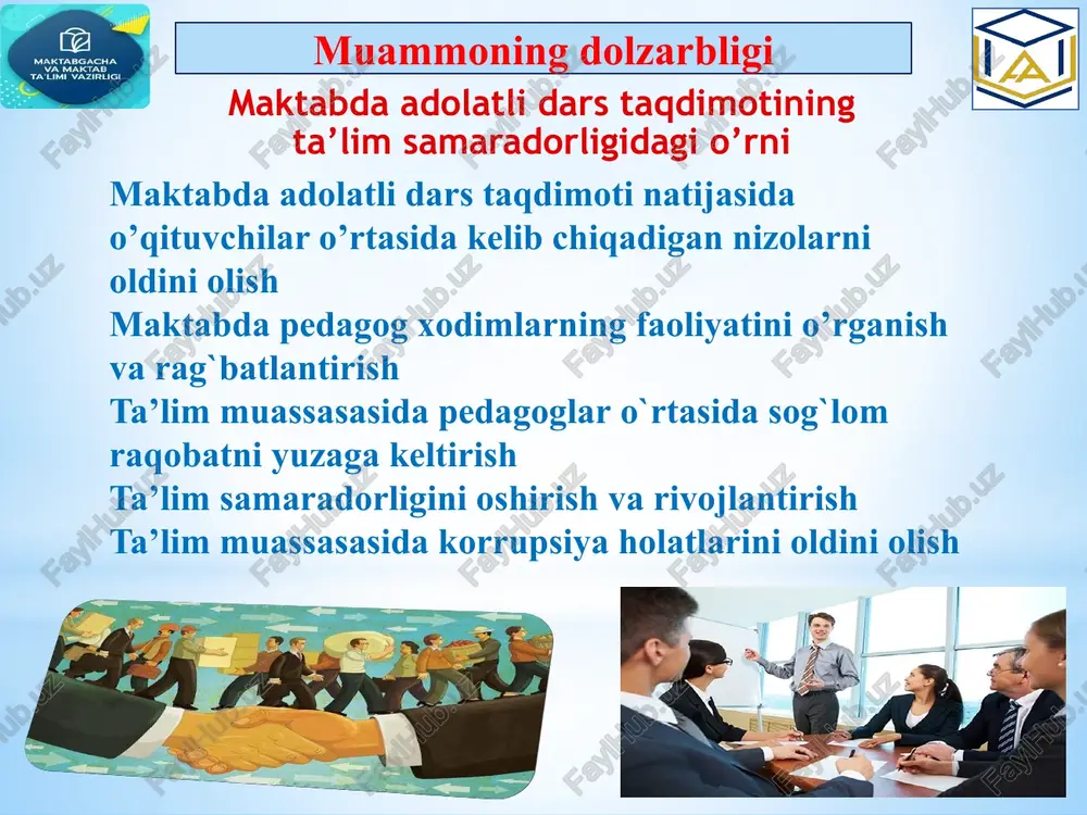 kamasining 3271-son qarori asosida amalga oshiriladi. pedagoglar orasidagi yuzaga keladigan nizolar shu qaror asosida adolatli dars taqsimoti orqali bartaraf etiladi maktab dars taqsimotini amalga oshirish maktab rahbariyati va ishchi guruh tuzilib o’qituvchlarning o’quv yili davomidagi faoliyatlarni shaffof tarzda baholash tizimini joriy etish. yuqori ko’rsatkichga ega bo’lgan o’qituvchilarga imtiyoz berish chora-tadbir namunasi t/r muammo amalga oshirish mexanizmi mas’ullar muddati natija 1 dars taqsimotida yuzaga keladigan pedagog xodimlar o‘rtasidagi nizolarni bartaraf etish maktabda pedagoglar o’rtasida adolatli dars taqsimotini tashkil etish vazirlar mahkamasining 3271-son qarorini ijrosini ta’minlash orqali maktab rahbariyati metod birlashma rahbarlari va a’zolari avgust sentabr maktabda pedagoglarning o’rtasida dasr taqsimotida yuzaga keladigan nizolarni oldini olish chora-tadbir namunasi t/r muammo amalga oshirish mexanizmi mas’ullar muddati natija 2 maktabdagi pedagoglarning o’quv yili davomidagi faoliyatini baholashni tashkil etish. maktab rahbariyati va ishchi guruh tuzib o’qituvchlarning o’quv yili davomidagi faoliyatlarni shaffof tarzda baholash tizimini joriy etish. yuqori ko’rsatkichga ega bo’lgan o’qituvchilarga imtiyoz berish maktab rahbariyati …