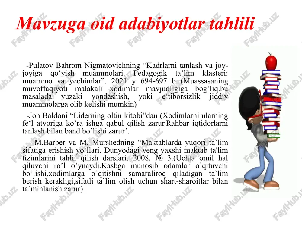 horati va kasbiy qobiliyati bo‘yicha sinovdan o`tkaziladi. shanxay nomzodlar pedagogika fanidan, psixologiya va o‘qitish usullaridan yozma imtihon topshiradi, keyin ustoz o‘qituvchilar va mahalliy maktab mutasaddilari bilan suhbatlashadilar, qo‘lda yozish ko‘nikmalarini ko‘rsatadilar aqsh boston, chikago va nyu-yorkda, fellows va resident kabi muayyan tizim orqali konkurs tashkil qilinadi.ushbu konkursdan muvaffaqiyatli o`tgan o`qituvchilar uchun maktablarda ish joyi kafolatlanadi. qiyosiy tahlil amaldagi holat (o‘zbekistonda) amaldagi holat (finlandiya) amaldagi holat (aqshda) taklif 1 maktabda seleksiyalash, kadrlarni salohiyatini rivojlantirish kabi xolatlar ta’lim sifatini ko‘tarish darajasi bilan belgilanadi finlandiya aktabda seleksiyalash, kadrlarni salohiyatini rivojlantirish kabi xolatlar davlat siyosati, maktablar qiziqishi doirasida belgilanad maktabda seleksiyalash, kadrlarni salohiyatini rivojlantirish kabi xolatlar davlatning iqtisodiy siyosati darajasida belgilanadi maktabni bitiruvchilari salohiyatiga, bkm ni va kasbiy kompetensiyalarni qo‘llanishiga qarab belgilanishini taklif qilaman 2 yangi ishga qabul qilingan ishchi stajor maqomida ish boshlaydi. mehnat shartnomasi 1 yil muddatga kasbiy sertifikat olgunicha qadar tuziladi (vm 87,12.02.2024) qanday o‘qituvchi bo‘lishidan qattiy nazar mehnat shartnomasi bir …