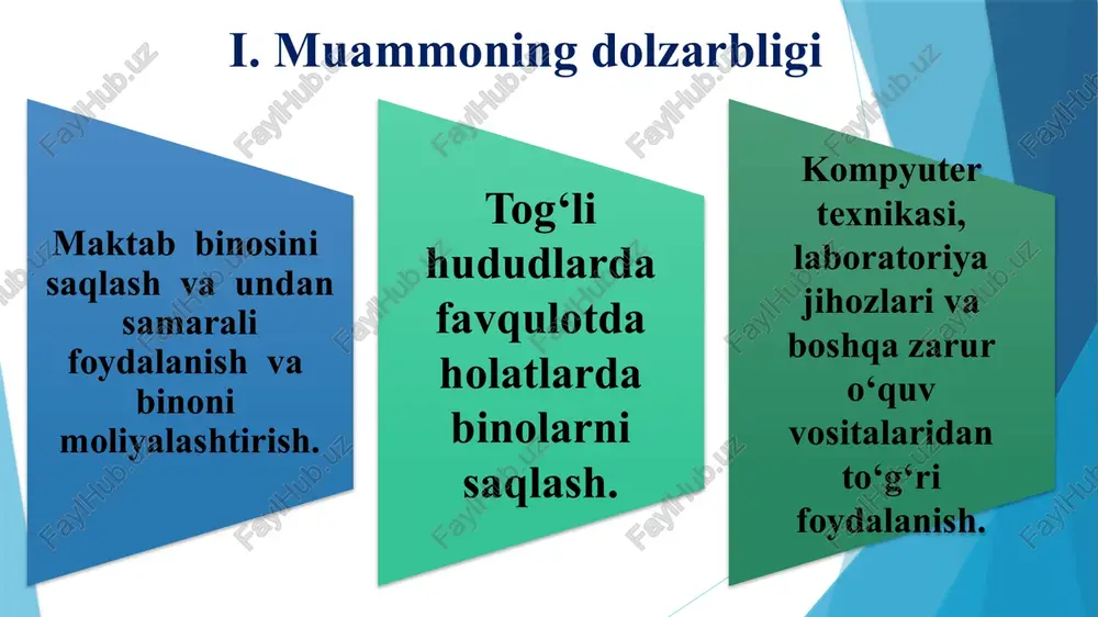tizimlarini yangilash kabi energiya tejovchi chora-tadbirlarni amalga oshirish yaxshi yo‘lga qo‘yilgan. : dunyodagi eng rivojlangan kunchiqar mamlakat yaponiyada maktab binosini va o‘quv xonalarini maktab o‘qituvchilari o‘quvchilar bilan birga tozalashadi. o‘quvchilarni yoshligidan mehnatsevarlikka o‘rgatib borishadi. ular bu ishlarni boshlang‘ich sinflardanoq bajarishni boshlashadi. vi. qiyosiy tahlil t/r amaldagi holat (o‘zbekistonda) amaldagi holat (ozarbayjon ) taklif 1. o‘zbekiston maktablarida ham quyoshdan energiya olish yoritgichlari qisman o‘rnatilgan energiya samaradorligini oshirish: energiya tejovchi yoritishni o‘rnatish, izolyatsiyani yaxshilash va elektr tizimlarini yangilash kabi energiya tejovchi chora-tadbirlarni amalga oshirish. quyoshdan energiya oluvchi uskunalarni o’rnatish va mavjud elektr tizimini eski izolyatsiya qilinmagan qismini almashtirish 2. o‘zbekistondagi maktablarda tashqi va ichki kuzatuv kameralari o‘rnatilish tashkil etilmoqda, qishloq maktablarida hali kuzatuv kameralari yetib bormagan hududlar mavjud. barcha rivojlangan davlatlar qatorida ozarbayjonda ham maktablar tashqi va ichki qismlari, o‘quv xonalari, kirish yo‘laklari kuzatuv kameralari bilan to‘liq ta’minlangan. o‘quvchilar, xodimlar va maktab mulkini himoya qilish uchun xavfsizlik choralarini qo‘llash. bunga xavfsizlik kameralarini …
