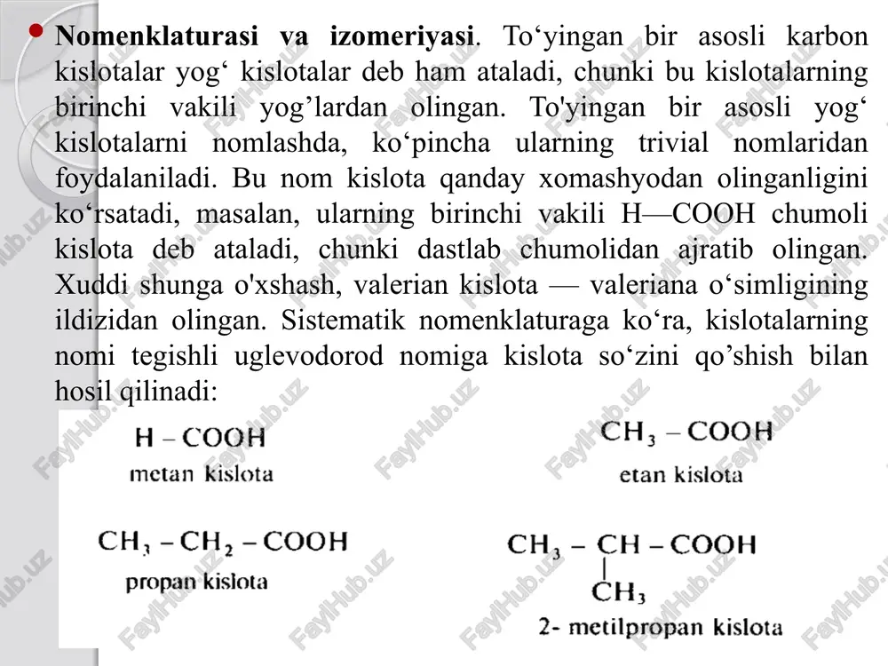 . laboratoriya sharoitida xloroformga suyultirilgan ishqor ta’sir ettirib chumoli kislota olinadi: sirka kislota ch3cooh uzoq vaqtlardan beri ma’lum, chunki u vinoning achishi natijasida hosil bo‘ladi. u ko‘p o'simliklarda, hayvon chiqindilarida sof holda, shuningdek, tuz va murakkab efirlar holida uchraydi. sanoatda sirka kislota bir necha usullar bilan olinadi: 1. yog’och quruq haydalganda sirka kislota suv qatlamida yig‘ilib, qo‘shimcha mahsulot sifatida metil spirt va aseton hosil bo'ladi. sirka kislotani ajratib olish uchun aralashma ohak bilan neytrallanadi, bunda hosil bo’lgan kalsiy asetat sulfat kislota bilan qizdirilganda parchalanib, sirka kislota sof holda ajralib chiqadi. image2.png image3.png image4.png image5.png image6.png image7.png image8.png image9.png image10.png image11.png image12.png /docprops/thumbnail.jpeg