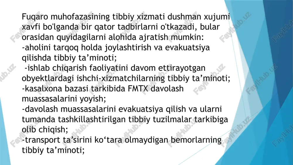 lsa, unda yordam ko'rsatish uchun 1 shifokor, 2-3 o'rta tibbiyot xodimlari, sanitar ajratiladi, ular ambulatoriya, bog'lama qo'yish va ajratish (izolyatsiya) joylarini tashkil qiladilar, shu maqsad uchun kupe vagonning 2-3 xonasi ajratiladi. tibbiyot xodimlarini iloji boricha shu ko'chirilayotganlar orasidan qidirish lozim. tibbiy xodimlar hamma tibbiyot punktlari uchun taaluqli vazifalarni bajarib, og'ir bemorlarni poyezd stansiyalarda to'xtaganida, shahar shifoxonasiga yotqizadilar, ular to'g'risida hujjatiga asosan eshelon jaridasida ma’lumot qoldirishadi. aholini avtomobilda ko'chirishda tibbiy yordamni ko'chirilayotgan xalq xo'jaligi obyektining tibbiy-sanitariya qismi tashkil etadi, shu maqsadda 1-2 o'rta tibbiyot xodimi, dorilar va tibbiy vositalar ajratiladi. yo'nalish bo'yicha joylashgan sog'liqni saqlash muassasalari og'ir bemorlarga yordamni so'zsiz ko'rsatadilar. piyoda ko'chirishda piyoda to'pi tuziladi (500-1000 kishi) va shu obyekt hisobidan 2-3 ta sanitar drujinachilar, tibbiyot mol-mulklari ajratiladi. sanitar drujinachilar muhtojlarga birinchi tibbiy yordamini ko'rsatishadi. harakat yo'nalishda shifokor yordamini mahalliy sog'liqni saqlash organlari, yo'l yo'nalishida joylashgan davolash profilaktik muassasalari (ambulatoriya, poliklinika, feldsher akusherlik punktlari, shifoxona va boshqalar) hisobidan ta’minlashni rejalashtirishadi …