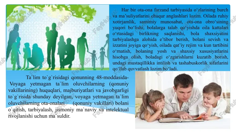 `ra quyidagilar javobgarlikka sabab bo`ladilar: - ota-onalar yoki ularning o‘rnini bosuvchi shaxslar tomonidan voyaga yetmagan bolalarni tarbiyalash va ularga ta’lim berish borasidagi majburiyatlarni bajarmaslik, ma’muriy huquqbuzarlik sodir etishiga olib keladi va bazaviy hisoblash miqdorining bir baravaridan besh baravarigacha miqdorda jarima solishga sabab bo`ladi; yuqoridagi xuquqbuzarliklar jazo chorasi qo`llanilgandan keyin bir yil davomida takror sodir etilsa-bhm ning 5 baravaridan 10 baravarigacha miqdorda jarima: - bolalarning majburiy umumiy o`rta ta`lim, o`rta maxsus- kasb hunar ta`limi olishiga ota-onalar yoki ularning o`rnin bosuvchi shaxslar tomonidan to`sqinlik qilish –bhm ning 10 baravaridan 15 baravarigacha jarima: -ta`lim olishga to`sqinlik qilish ma`muriy jazo chorasi qo`llanilgandan keyin bir yilda takror etilsa –bhm ning 15 baravaridan 25 baravarigacha jarima solishga yoki 15 sutkagacha ma`muriy qamoqqa olishga sabab bo`ladi. ii. mavzuga oid adabiyotlar tahlili sharq mutafakkirlari, pedagog olimlar barkamol insonni yetishtirish uchun tarbiya naqadar zarurligi haqida so’z yuritganlar. jumladan, imom buxoriyning “al-adab al-mufrad hadislar to'plami, yusuf xos hojibning “qutadg’u blig”, …